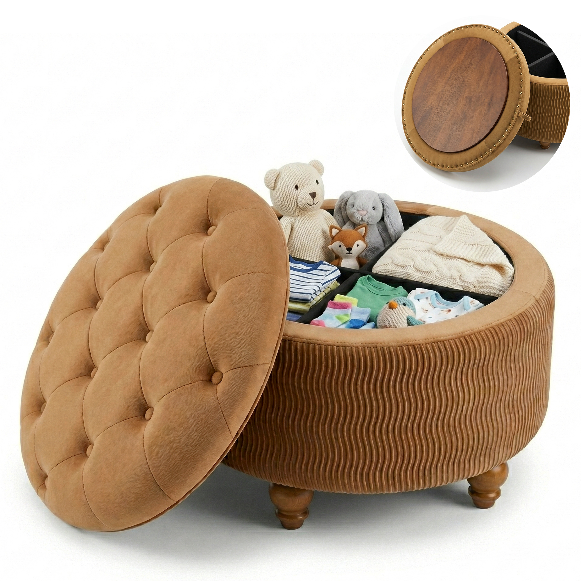 Easthome Round Storage Ottoman, Divided Compartment, Removable Top, Solid Wood Gourd-Shaped Legs, Button Tufted Multi-Function Footrest Bench for Living Room, Bedroom