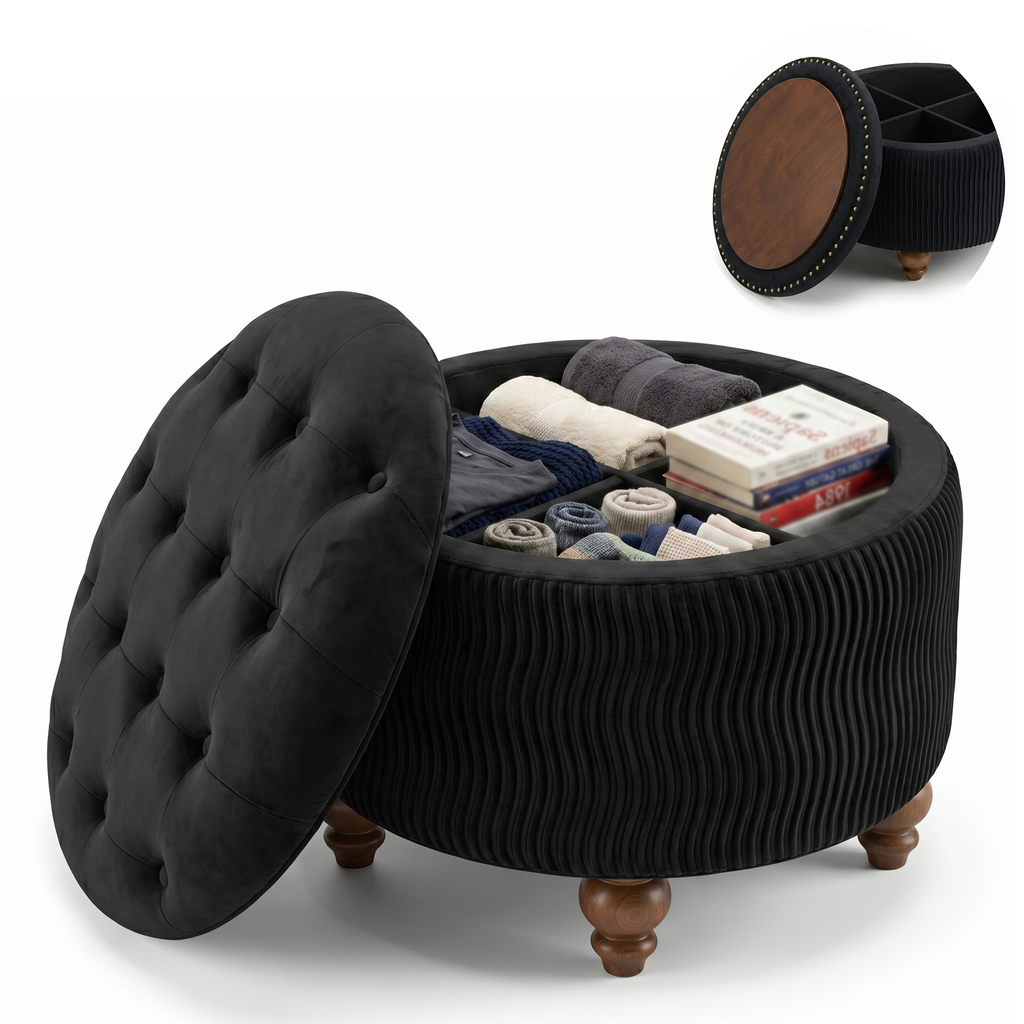 Easthome Round Storage Ottoman, Divided Compartment, Removable Top, Solid Wood Gourd-Shaped Legs, Button Tufted Multi-Function Footrest Bench for Living Room, Bedroom