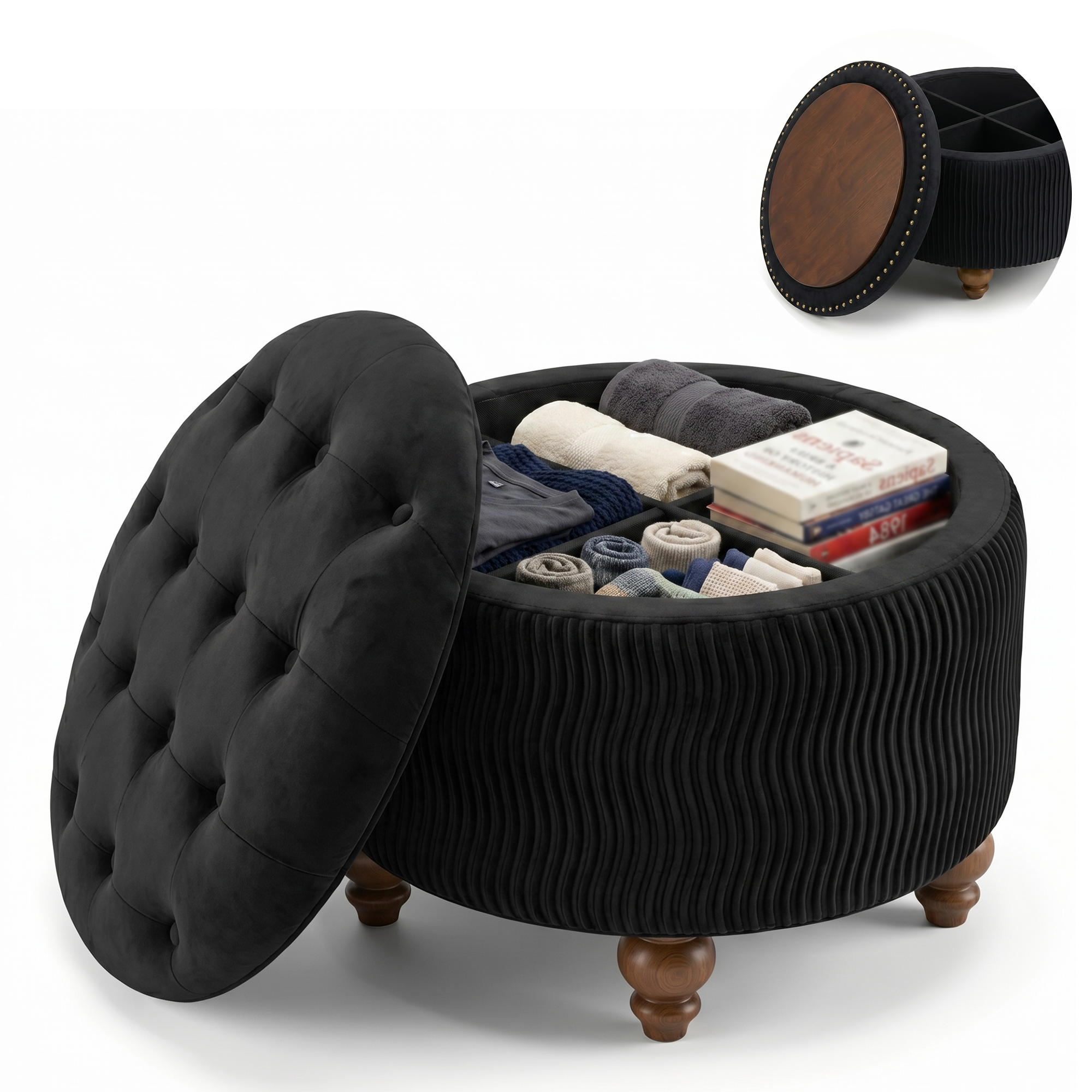Easthome Round Storage Ottoman, Divided Compartment, Removable Top, Solid Wood Gourd-Shaped Legs, Button Tufted Multi-Function Footrest Bench for Living Room, Bedroom