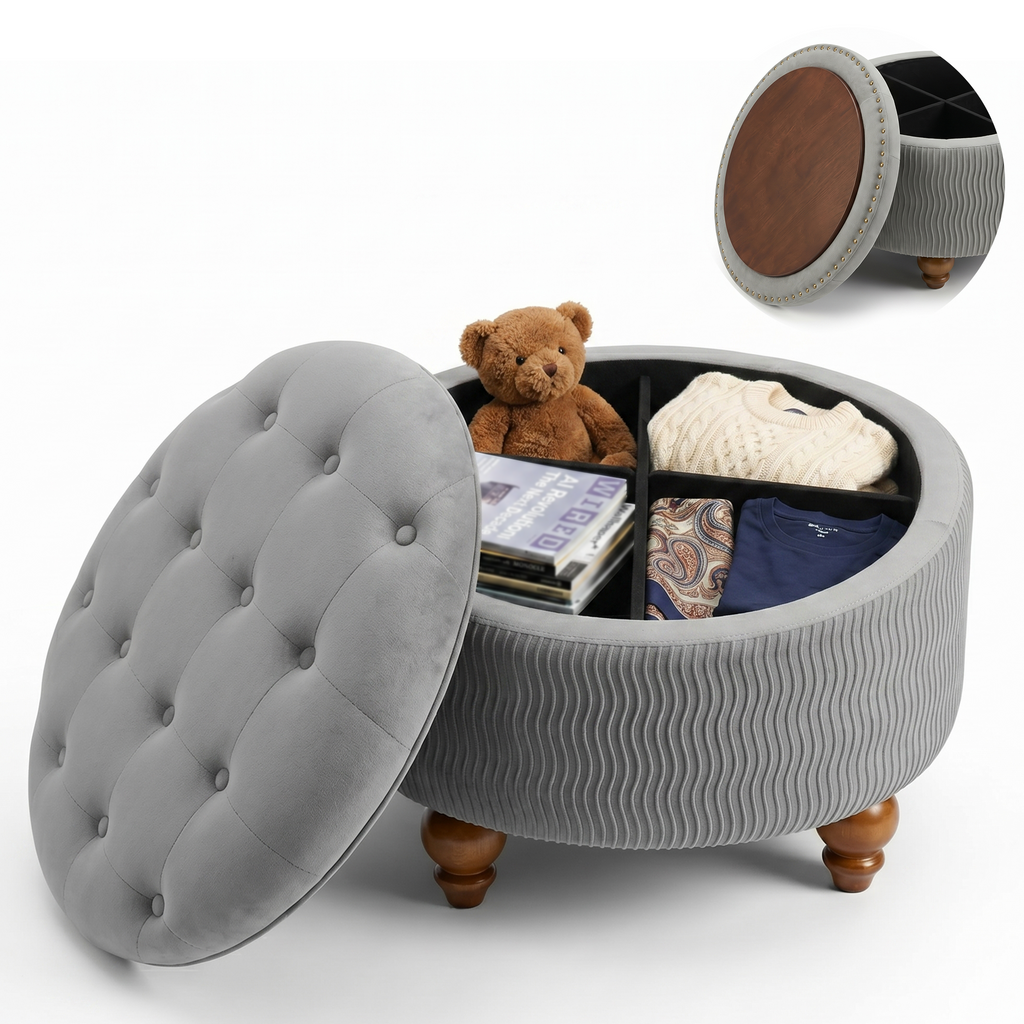 Easthome Round Storage Ottoman, Divided Compartment, Removable Top, Solid Wood Gourd-Shaped Legs, Button Tufted Multi-Function Footrest Bench for Living Room, Bedroom