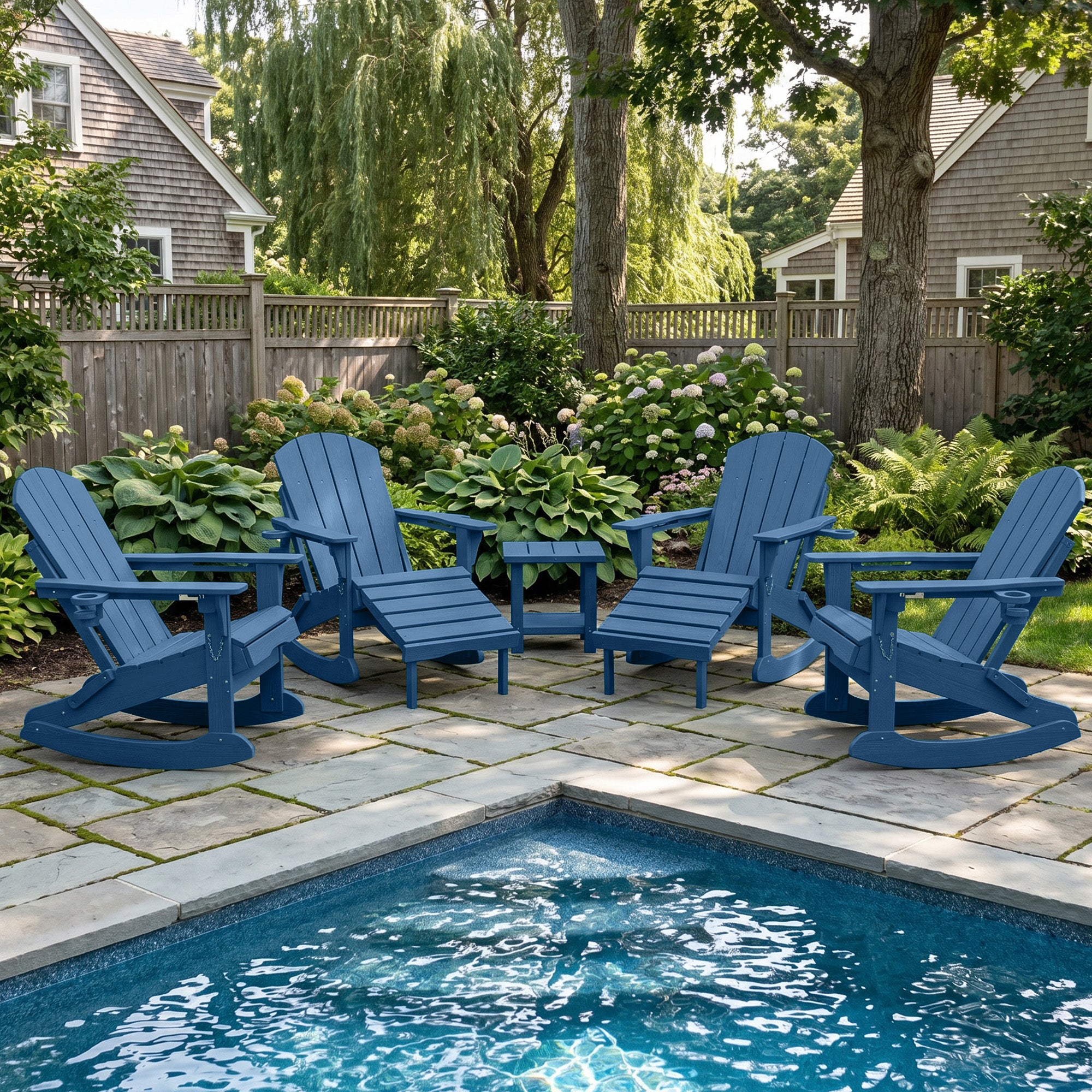 Easthome 4-in-1 Folding Adirondack Rocking Chair with Ottoman & Dual Cup Holders, Wood Texture HDPE All-Weather Outdoor Lounge Chair for Patio, Backyard, Pool