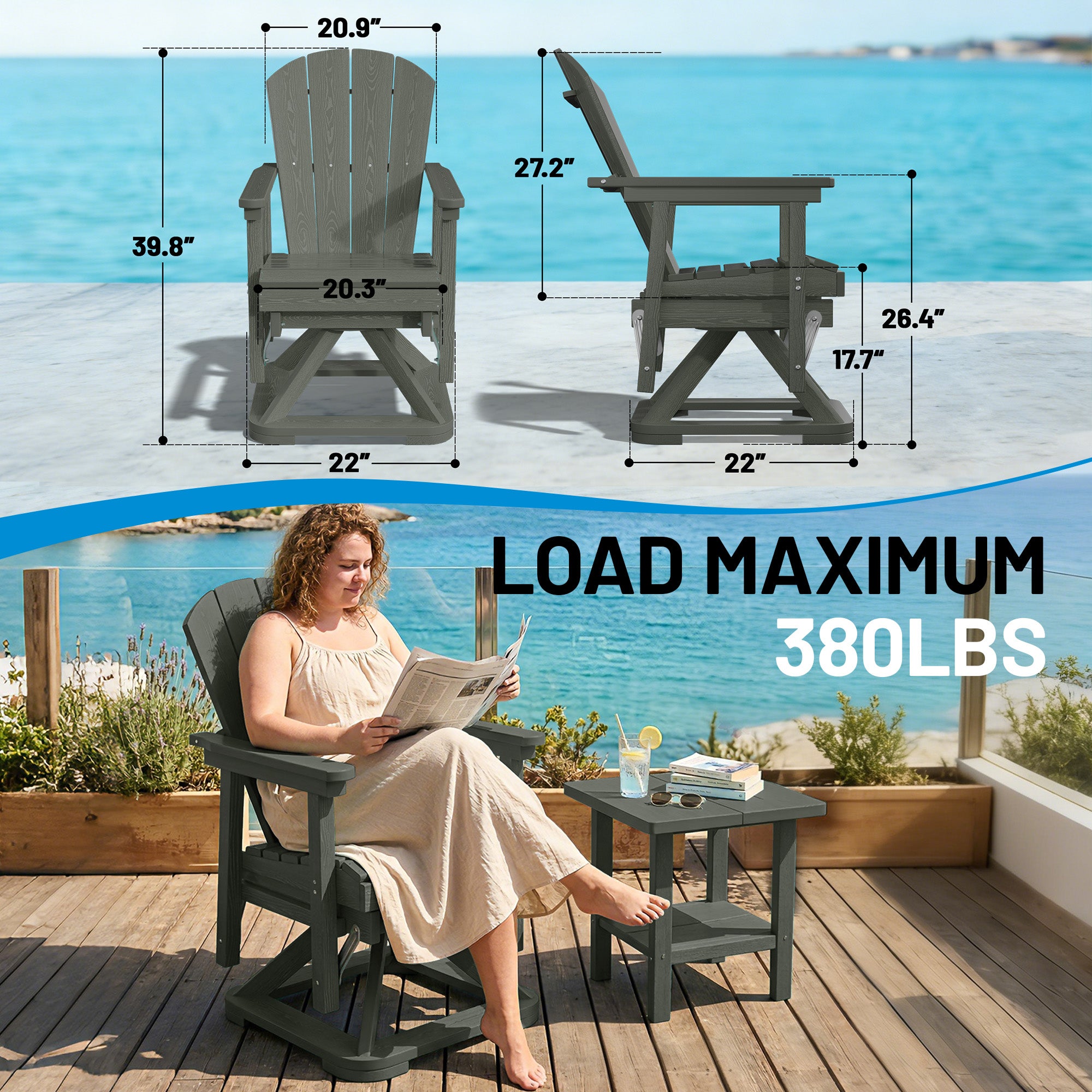 Easthome 360°Swivel Glider Adirondack Chair All-Weather HDPE Outdoor Rocking Chair with Ergonomic Backrest, Outdoor Swivel Rocker for Patio, Porch & Deck