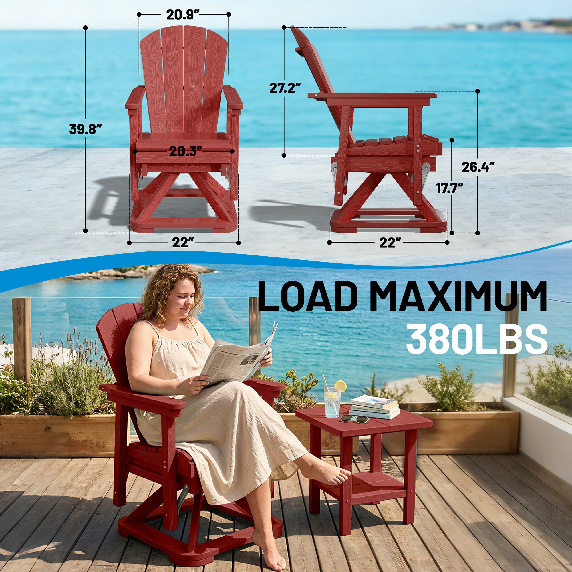 Easthome 360°Swivel Glider Adirondack Chair All-Weather HDPE Outdoor Rocking Chair with Ergonomic Backrest, Outdoor Swivel Rocker for Patio, Porch & Deck