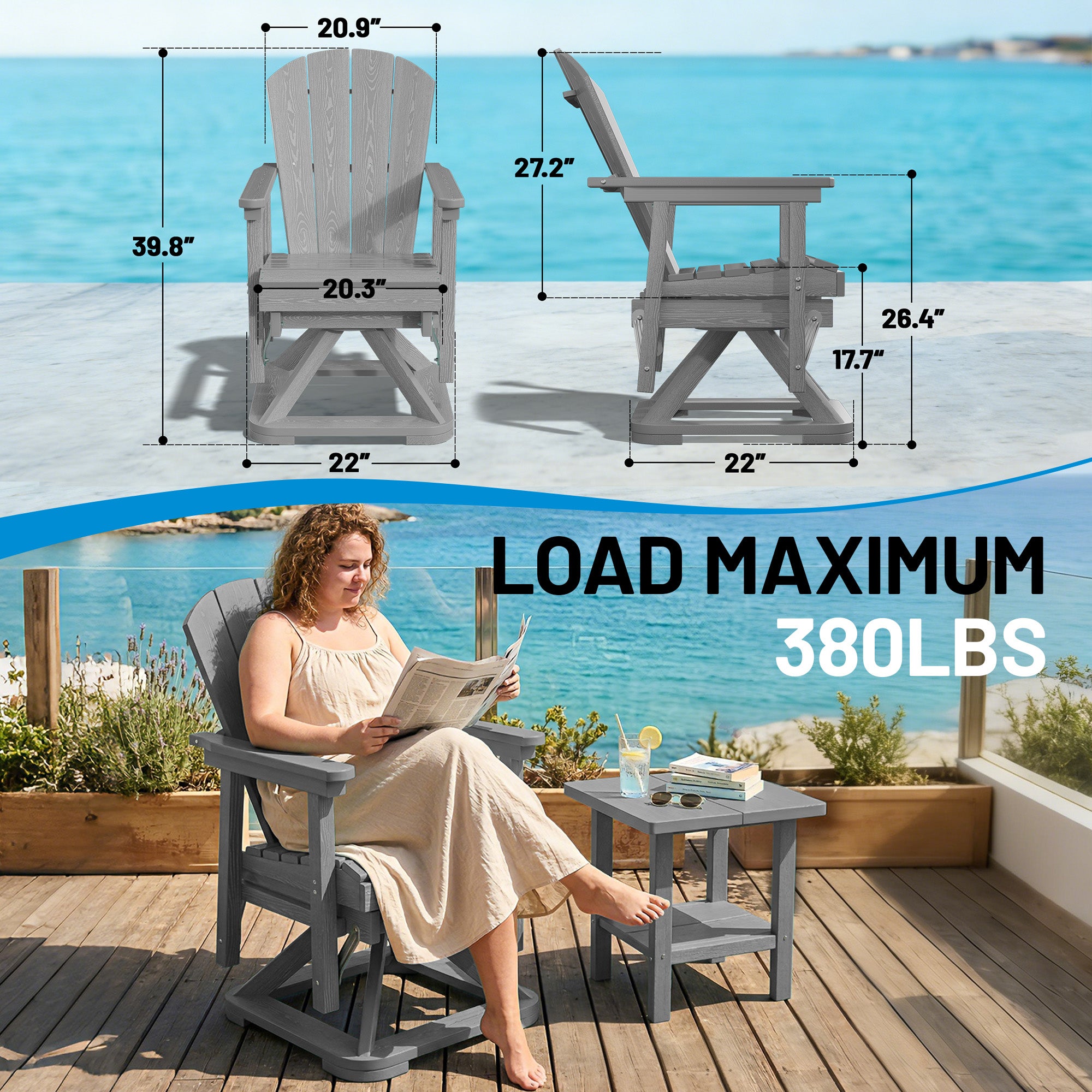 Easthome 360°Swivel Glider Adirondack Chair All-Weather HDPE Outdoor Rocking Chair with Ergonomic Backrest, Outdoor Swivel Rocker for Patio, Porch & Deck