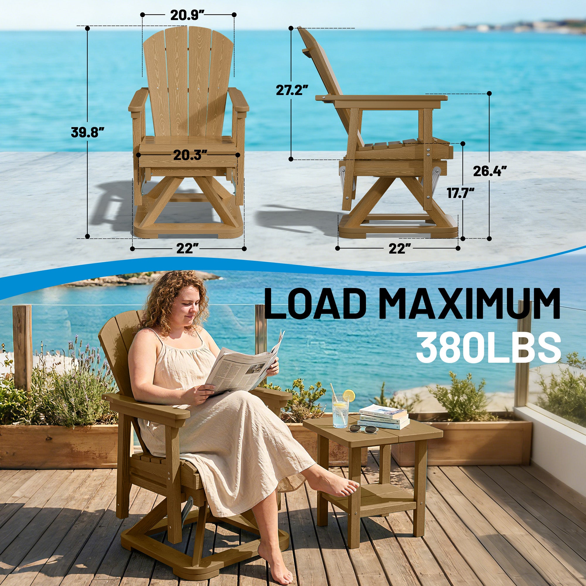 Easthome 360°Swivel Glider Adirondack Chair All-Weather HDPE Outdoor Rocking Chair with Ergonomic Backrest, Outdoor Swivel Rocker for Patio, Porch & Deck