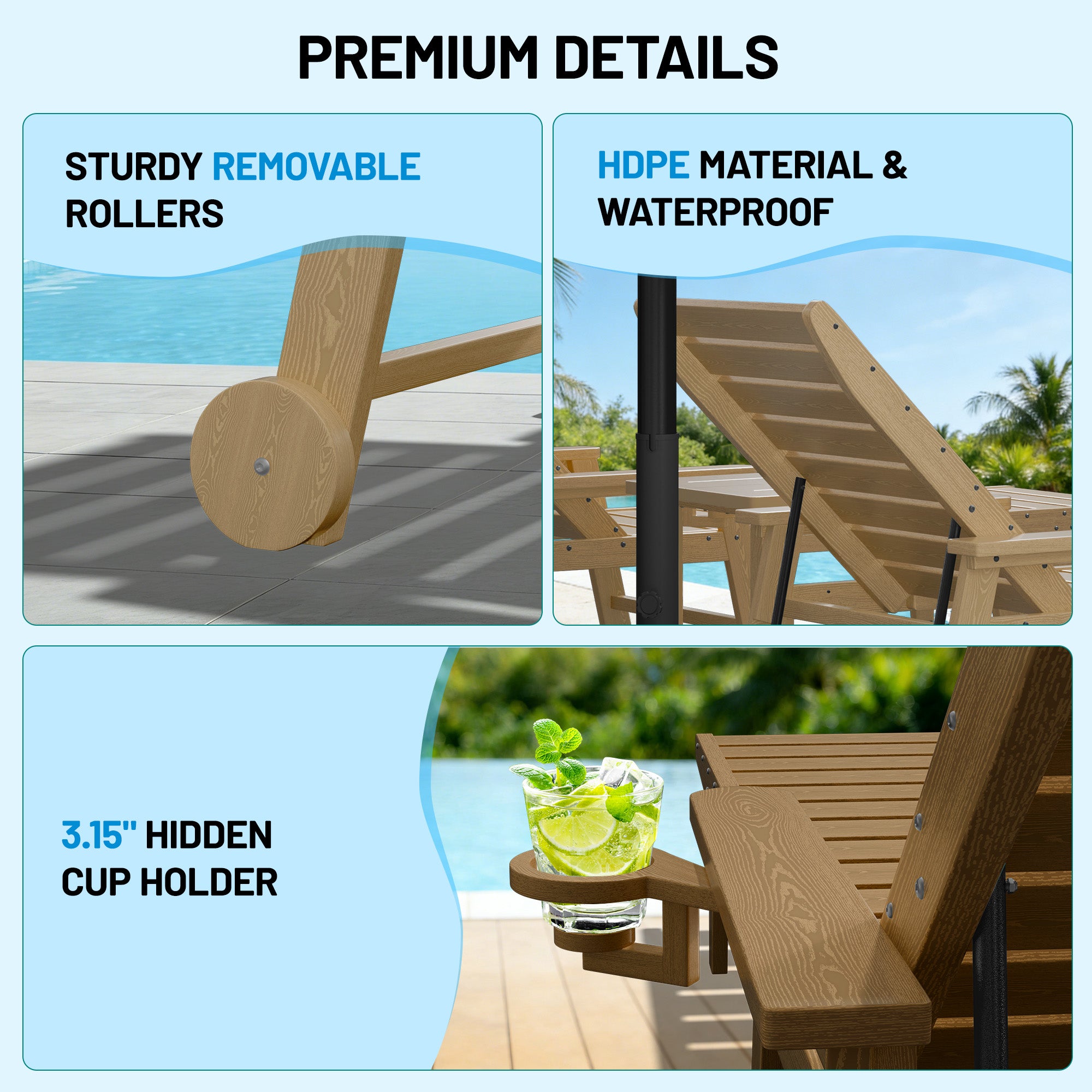 Easthome Adjustable Patio Chaise Lounge, Waterproof & Lightweight Outdoor Recliner for Poolside, Deck, Garden and Backyard