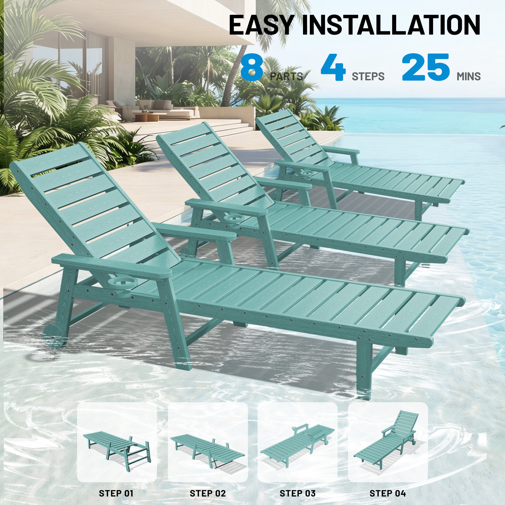 Easthome Adjustable Patio Chaise Lounge, Waterproof & Lightweight Outdoor Recliner for Poolside, Deck, Garden and Backyard