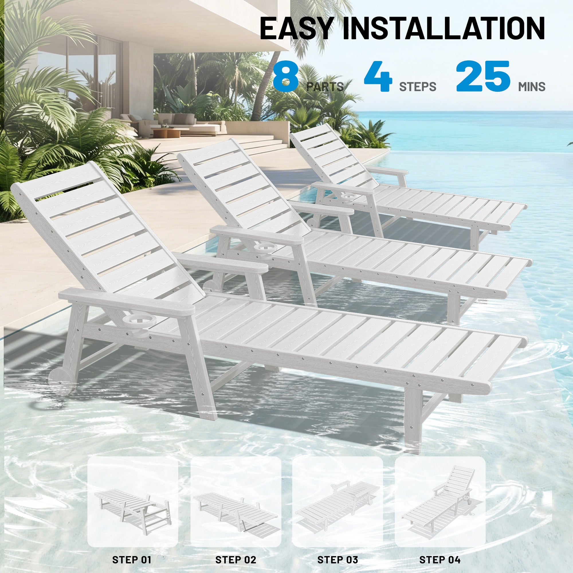 Easthome Adjustable Patio Chaise Lounge, Waterproof & Lightweight Outdoor Recliner for Poolside, Deck, Garden and Backyard