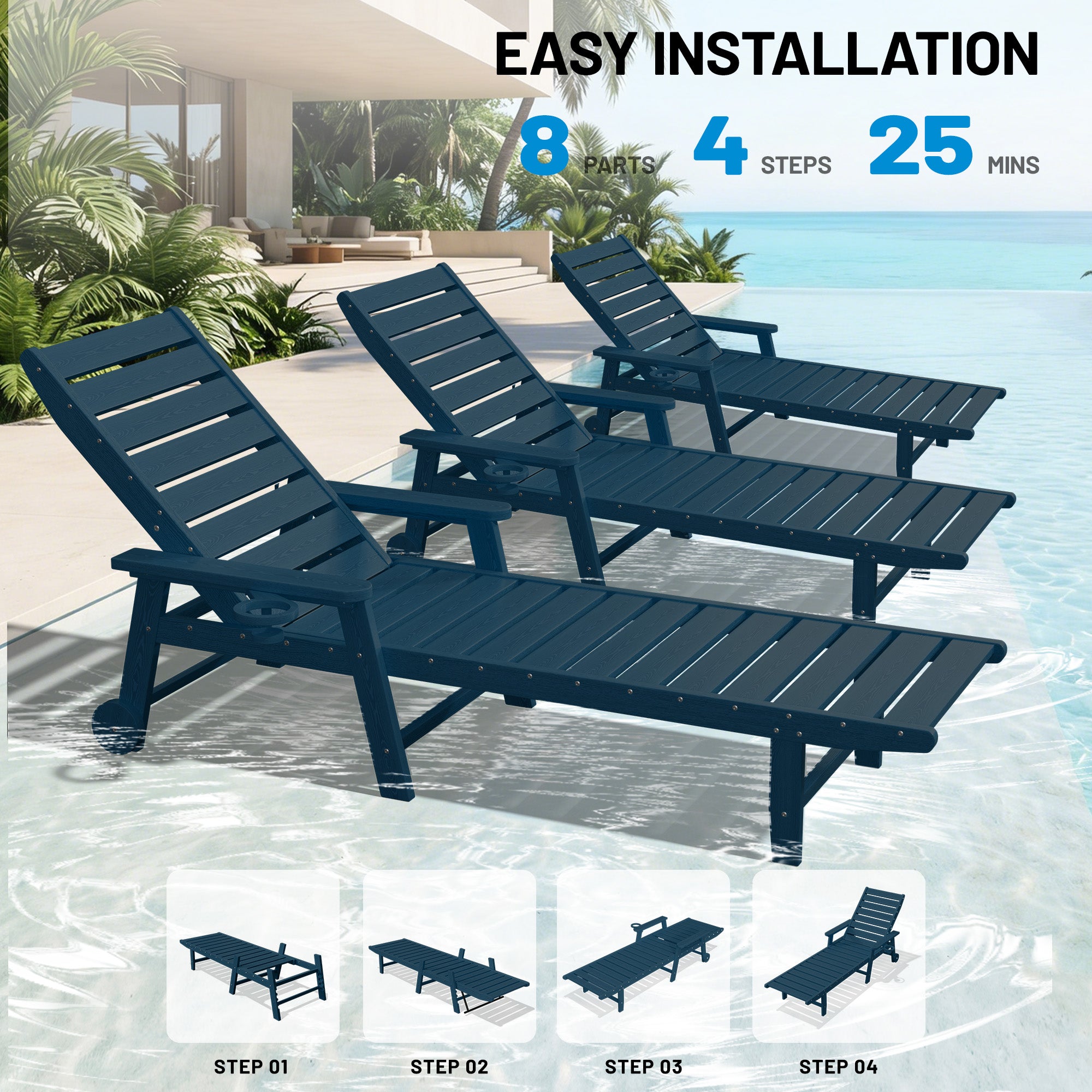 Easthome Adjustable Patio Chaise Lounge, Waterproof & Lightweight Outdoor Recliner for Poolside, Deck, Garden and Backyard