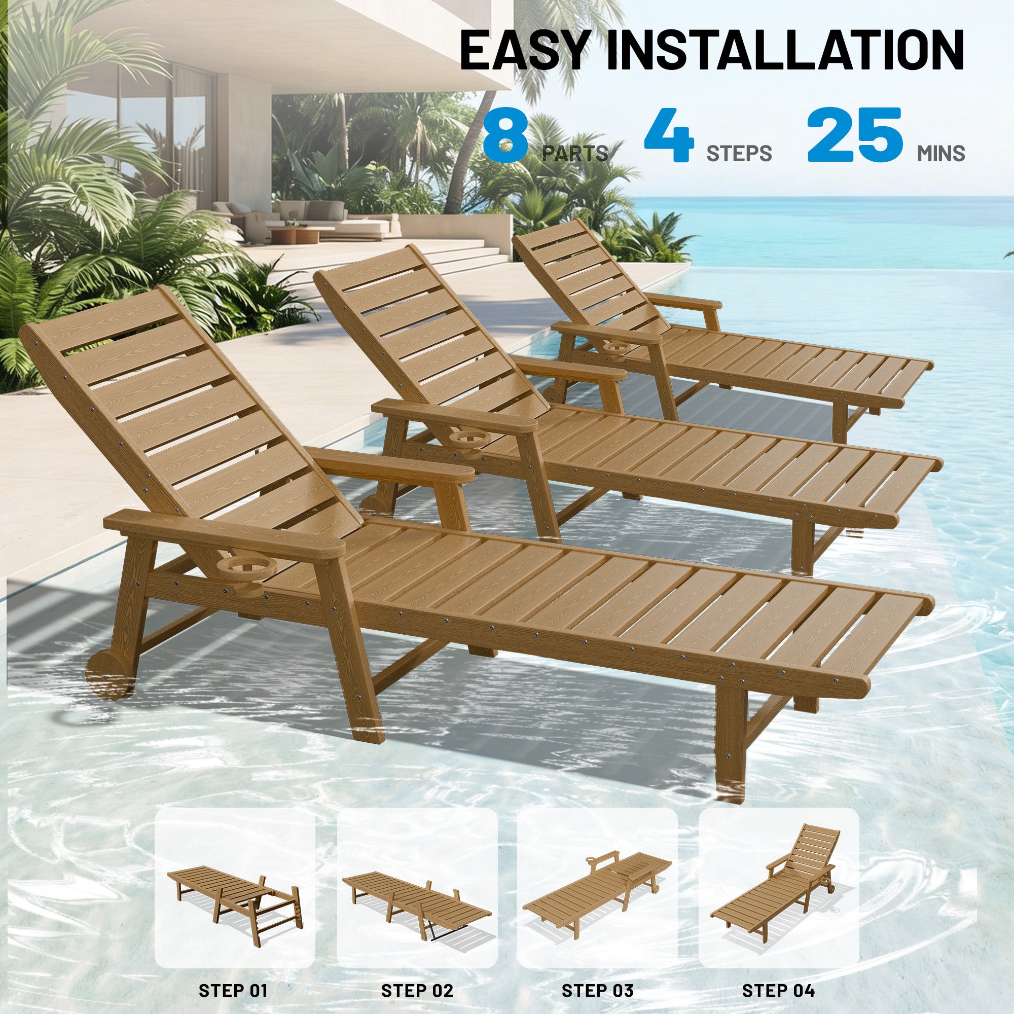 Easthome Adjustable Patio Chaise Lounge, Waterproof & Lightweight Outdoor Recliner for Poolside, Deck, Garden and Backyard