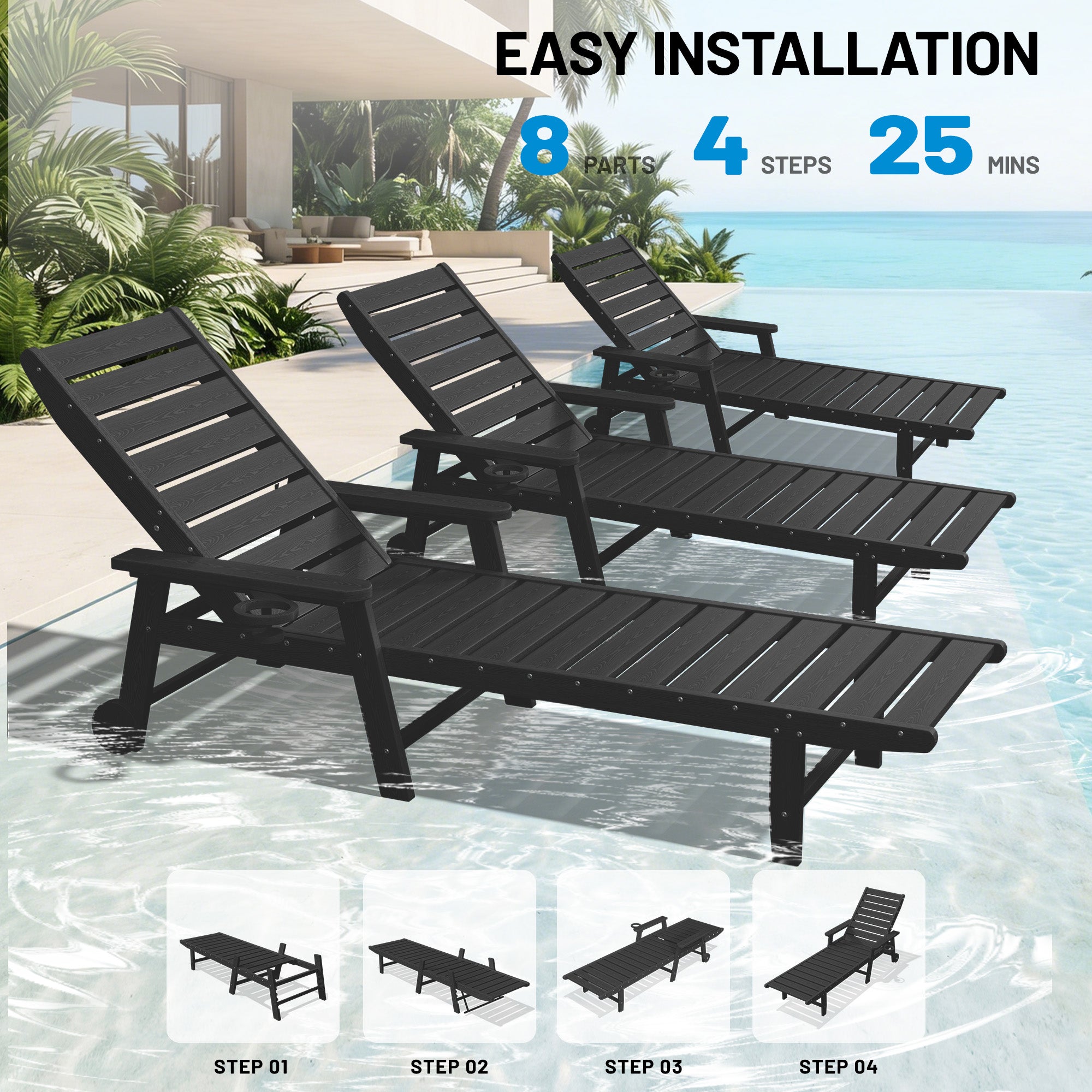 Easthome Adjustable Patio Chaise Lounge, Waterproof & Lightweight Outdoor Recliner for Poolside, Deck, Garden and Backyard