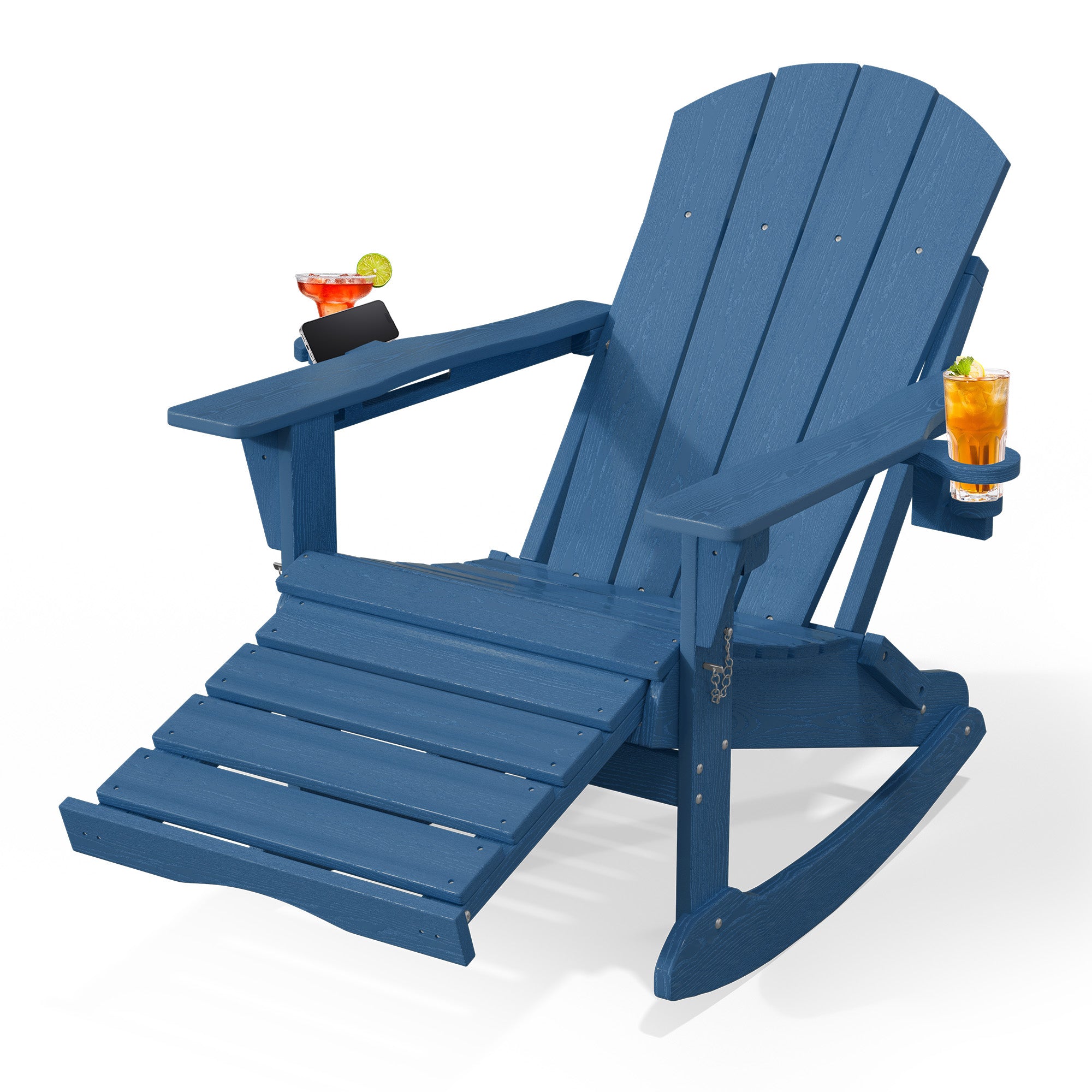 Easthome 4-in-1 Folding Adirondack Rocking Chair with Ottoman & Dual Cup Holders, Wood Texture HDPE All-Weather Outdoor Lounge Chair for Patio, Backyard, Pool