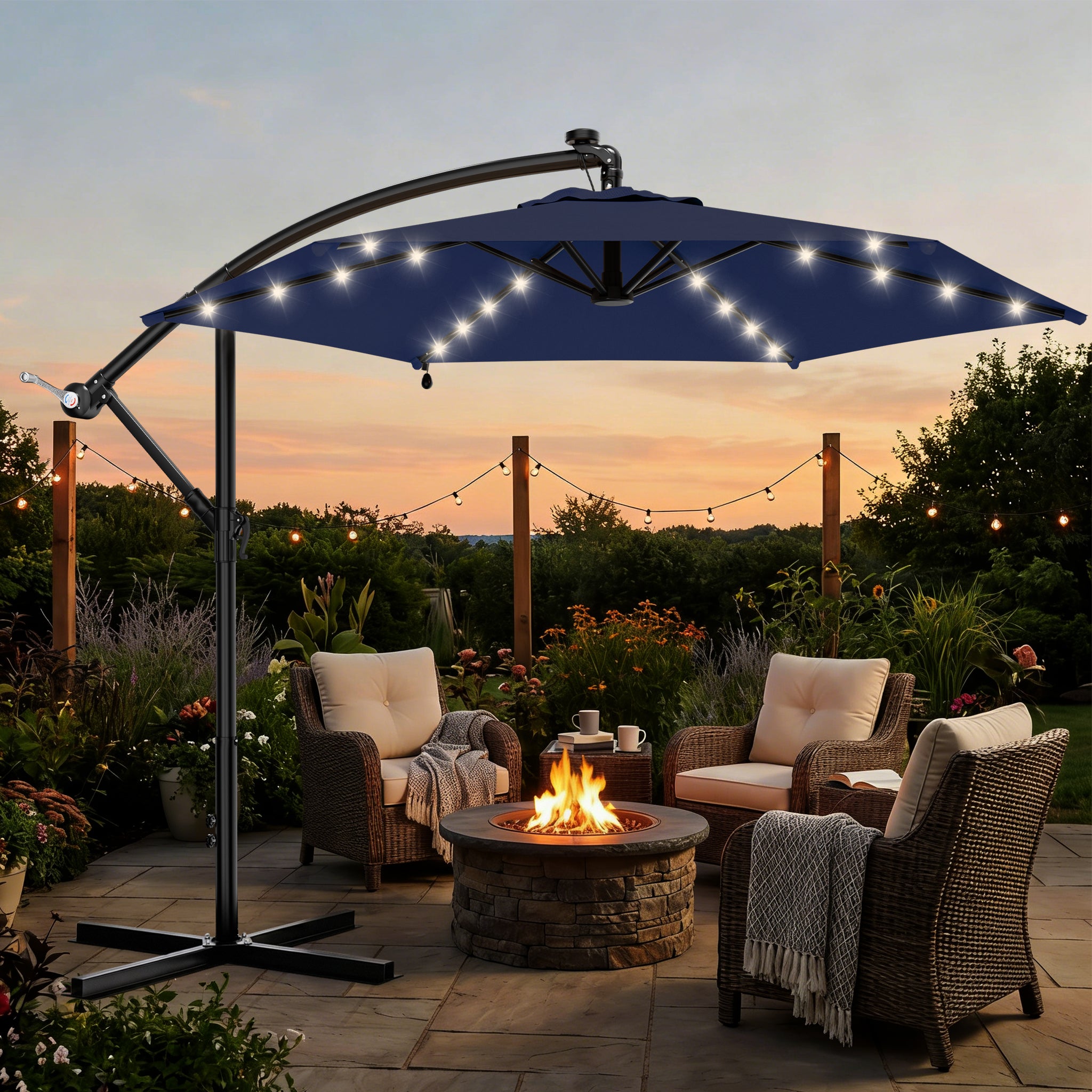 Easthome 10ft Solar LED Offset Hanging Market Patio Umbrella for Backyard, Poolside, Lawn and Garden w/Easy Tilt Adjustment, Polyester Shade, 6 Ribs