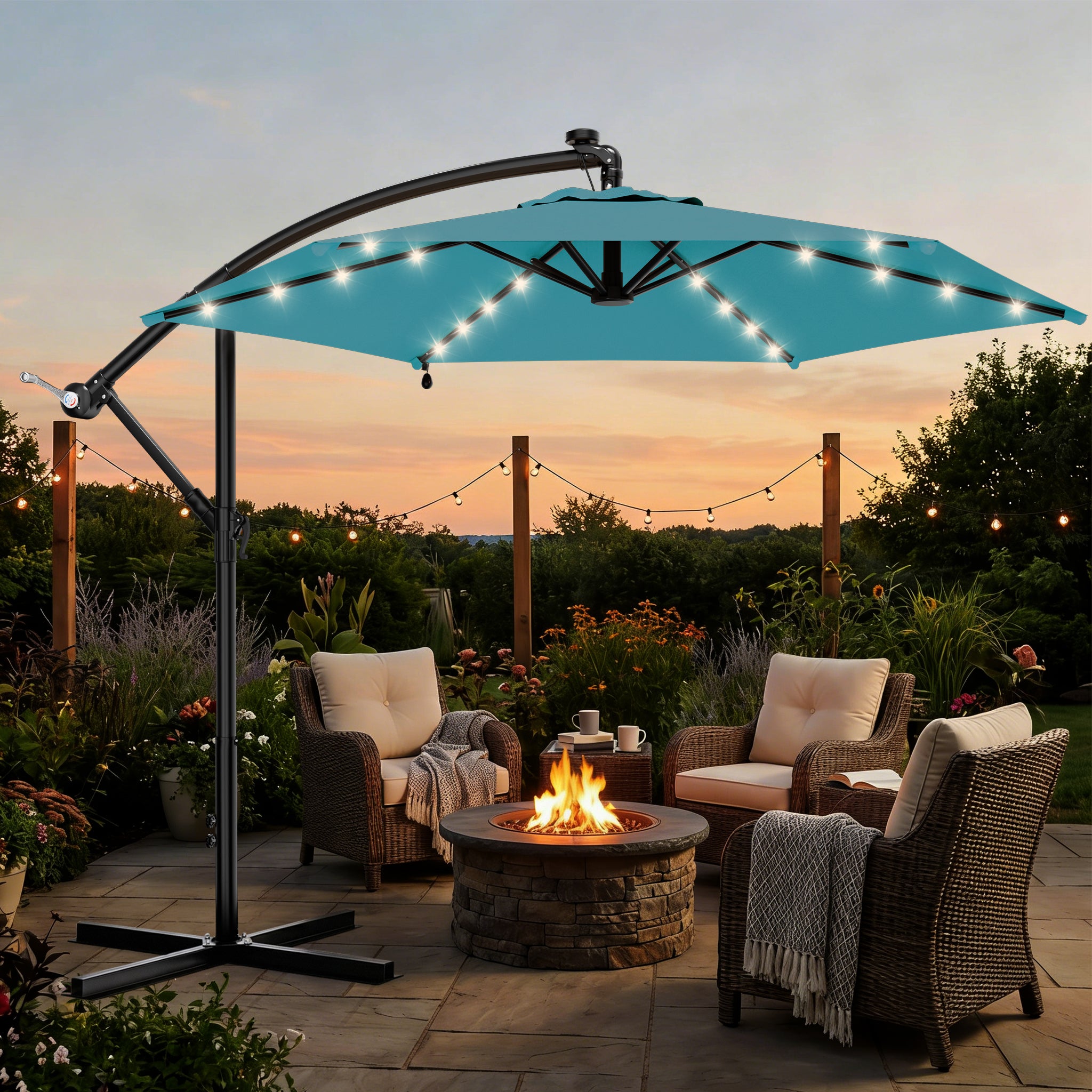 Easthome 10ft Solar LED Offset Hanging Market Patio Umbrella for Backyard, Poolside, Lawn and Garden w/Easy Tilt Adjustment, Polyester Shade, 6 Ribs