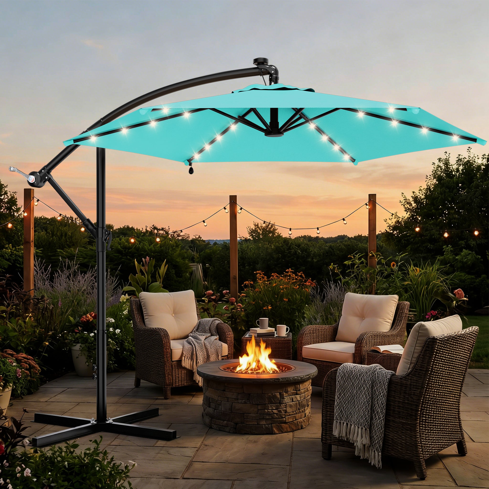 Easthome 10ft Solar LED Offset Hanging Market Patio Umbrella for Backyard, Poolside, Lawn and Garden w/Easy Tilt Adjustment, Polyester Shade, 6 Ribs
