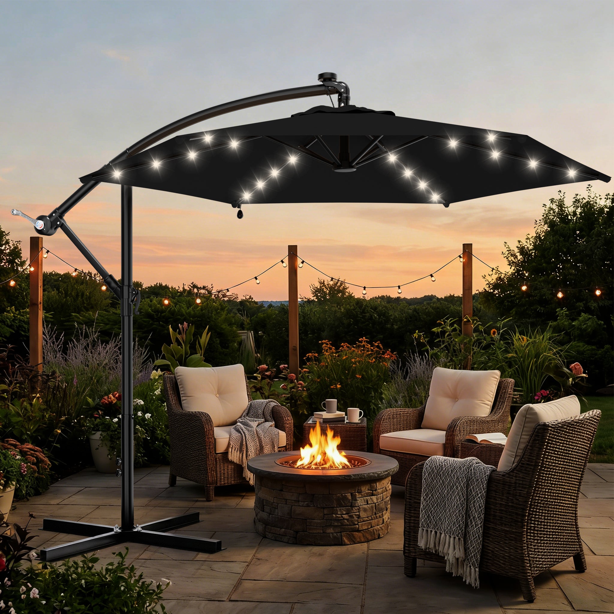 Easthome 10ft Solar LED Offset Hanging Market Patio Umbrella for Backyard, Poolside, Lawn and Garden w/Easy Tilt Adjustment, Polyester Shade, 6 Ribs