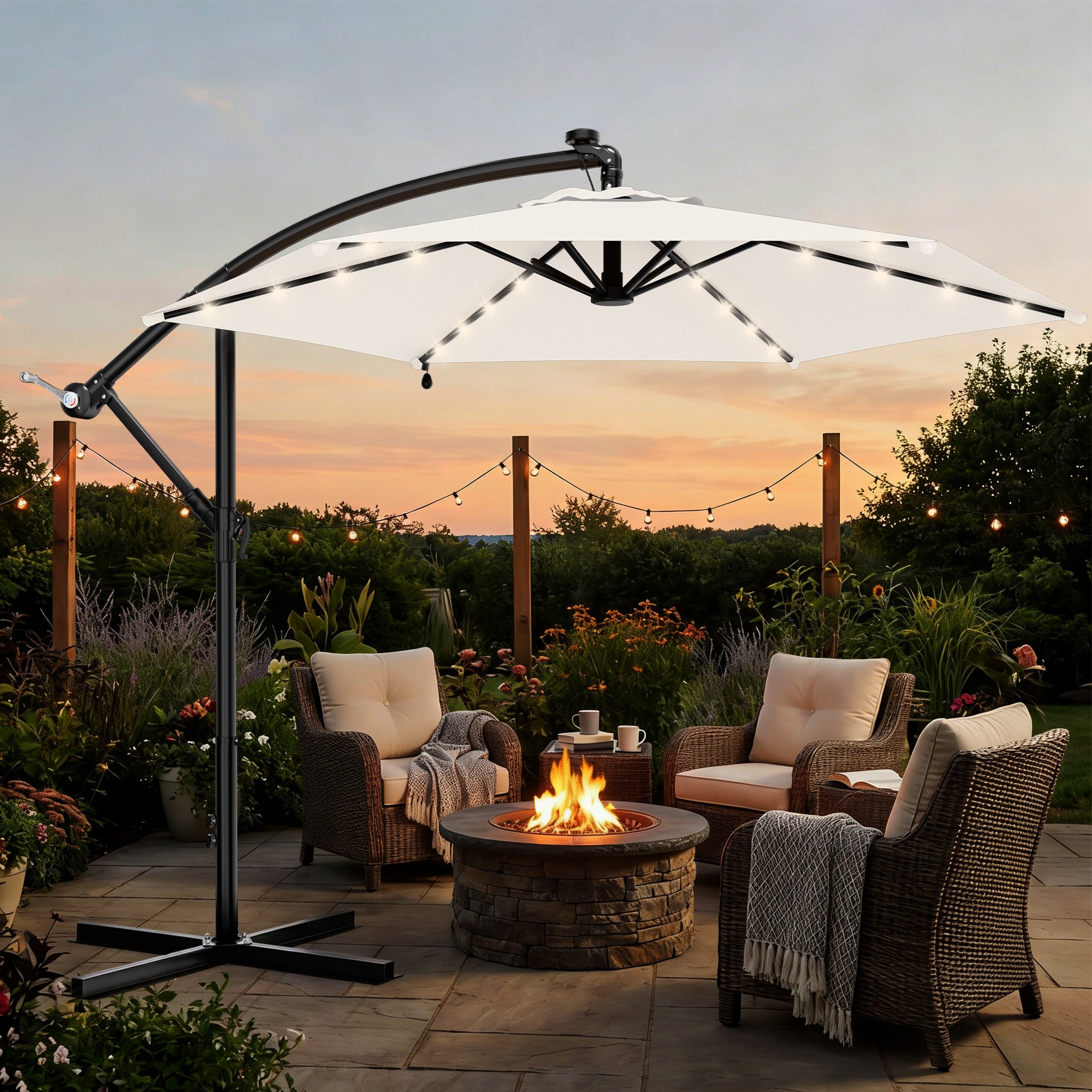 Easthome 10ft Solar LED Offset Hanging Market Patio Umbrella for Backyard, Poolside, Lawn and Garden w/Easy Tilt Adjustment, Polyester Shade, 6 Ribs