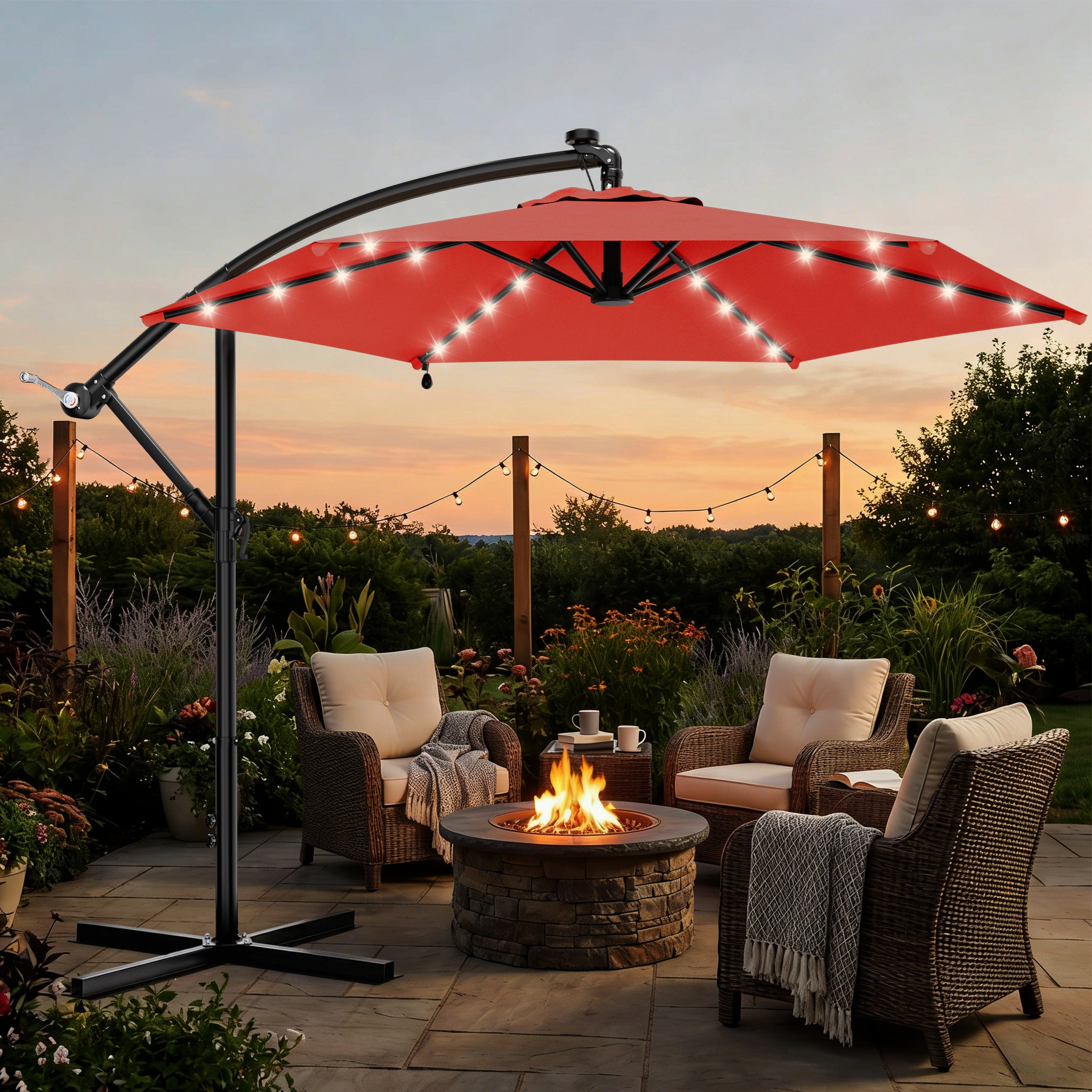 Easthome 10ft Solar LED Offset Hanging Market Patio Umbrella for Backyard, Poolside, Lawn and Garden w/Easy Tilt Adjustment, Polyester Shade, 6 Ribs