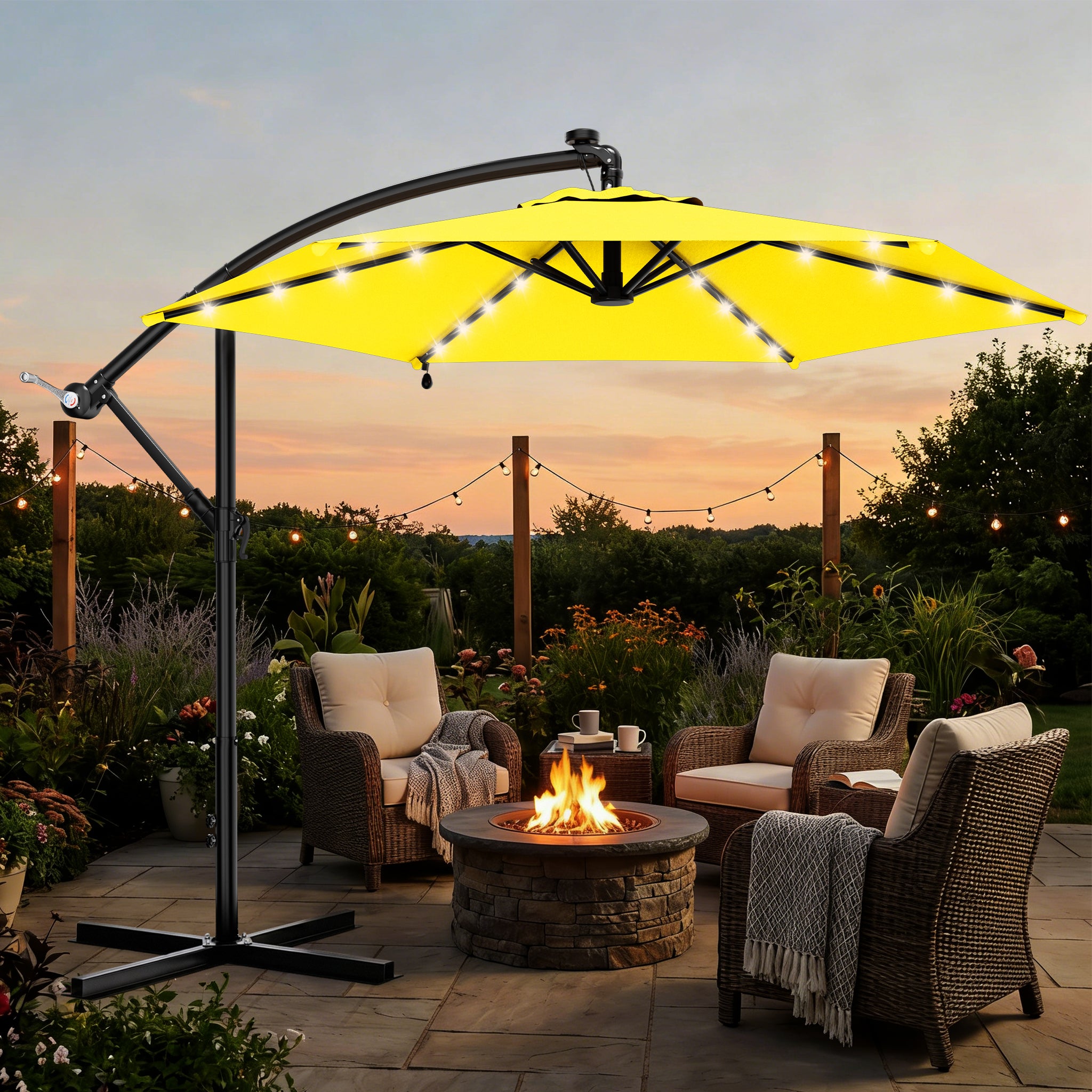 Easthome 10ft Solar LED Offset Hanging Market Patio Umbrella for Backyard, Poolside, Lawn and Garden w/Easy Tilt Adjustment, Polyester Shade, 6 Ribs