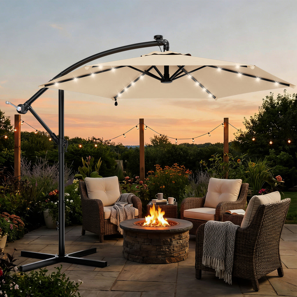 Easthome 10ft Solar LED Offset Hanging Market Patio Umbrella for Backyard, Poolside, Lawn and Garden w/Easy Tilt Adjustment, Polyester Shade, 6 Ribs