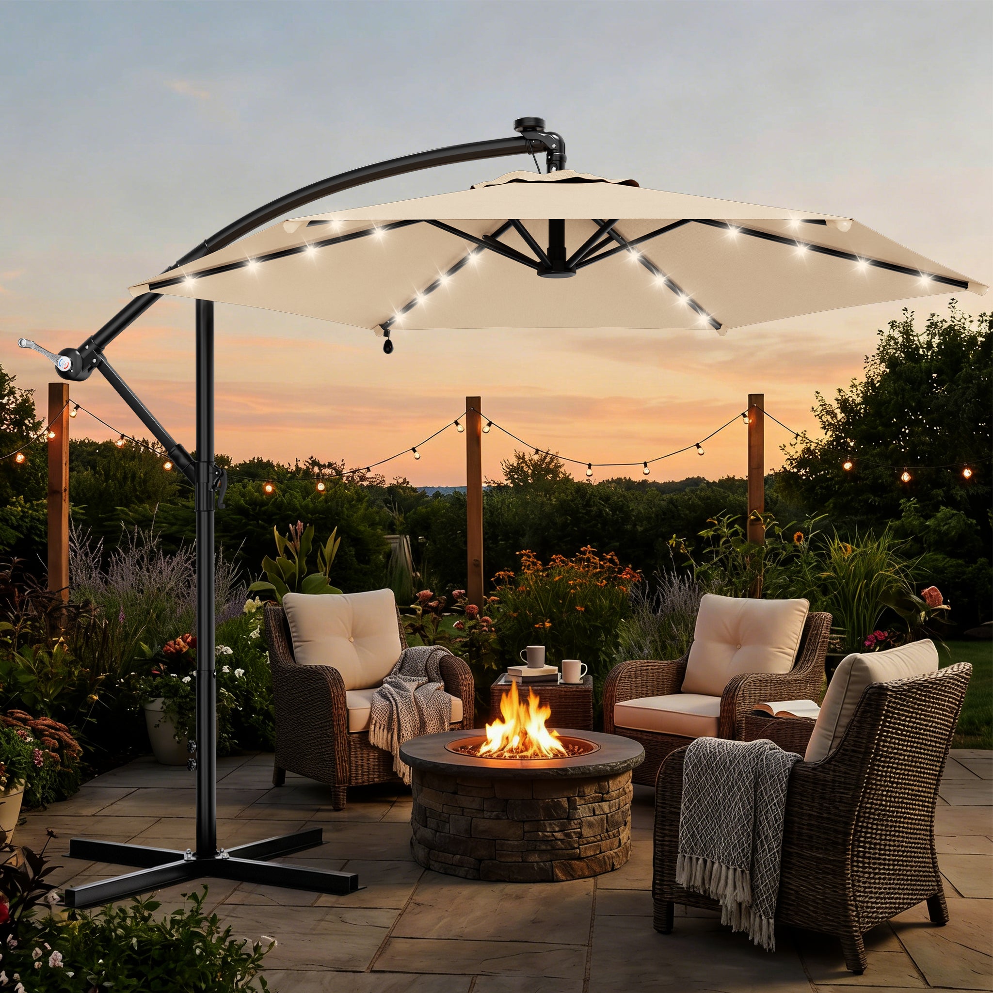 Easthome 10ft Solar LED Offset Hanging Market Patio Umbrella for Backyard, Poolside, Lawn and Garden w/Easy Tilt Adjustment, Polyester Shade, 6 Ribs