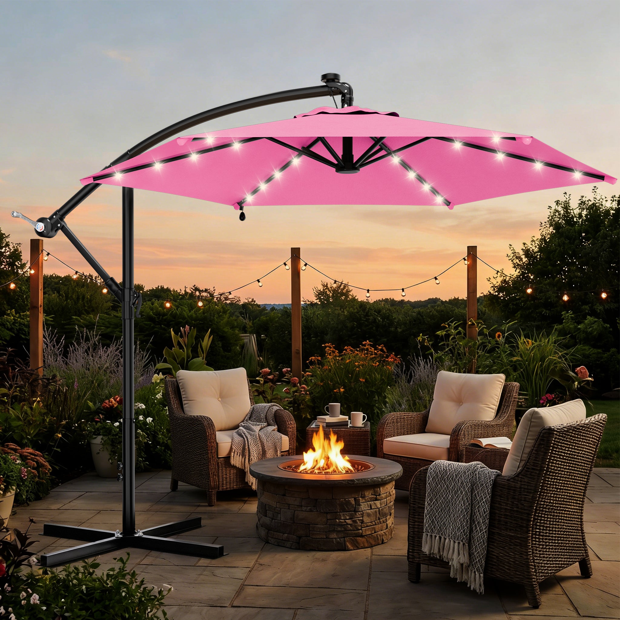 Easthome 10ft Solar LED Offset Hanging Market Patio Umbrella for Backyard, Poolside, Lawn and Garden w/Easy Tilt Adjustment, Polyester Shade, 6 Ribs