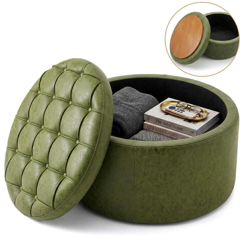 Easthome Multi-Function Round Storage Ottoman with Lockable Casters, Detachable Wood Tray Top, Button Tufted Foot Stool for Living Room Bedroom Study