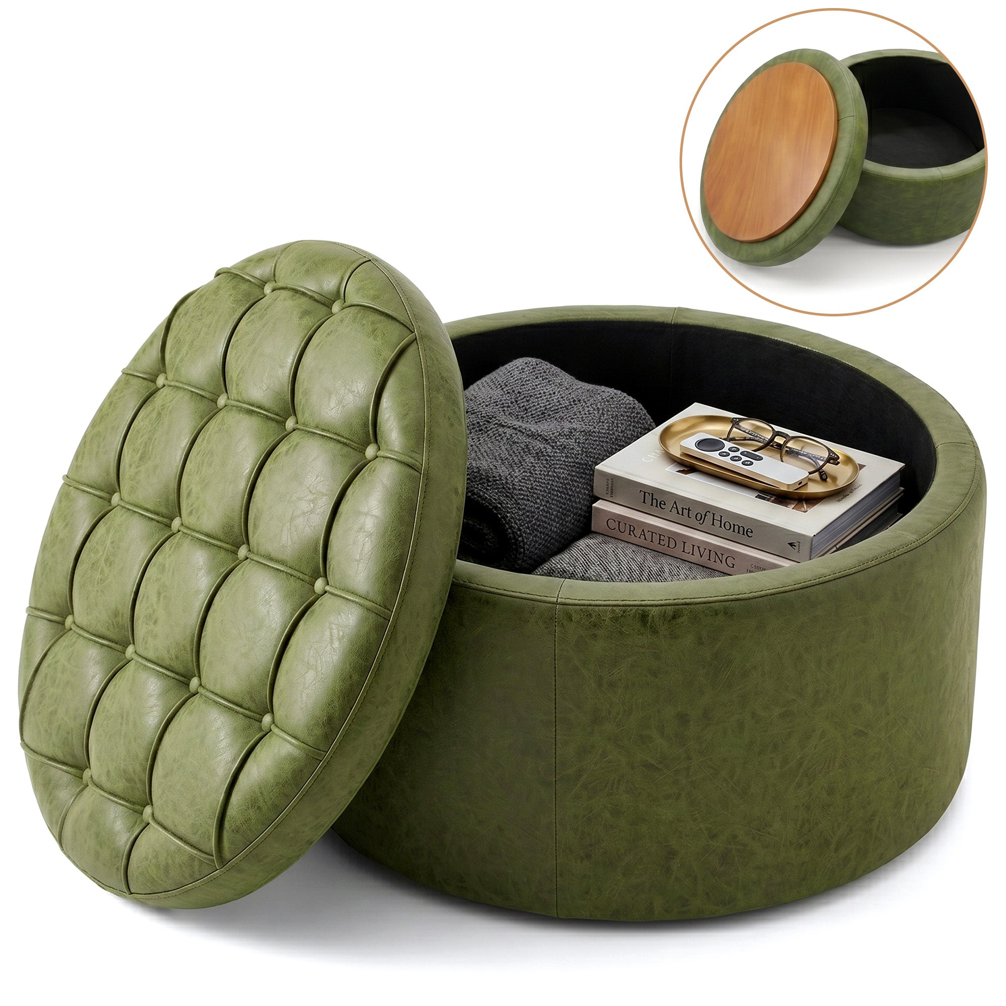 Easthome Multi-Function Round Storage Ottoman with Lockable Casters, Detachable Wood Tray Top, Button Tufted Foot Stool for Living Room Bedroom Study