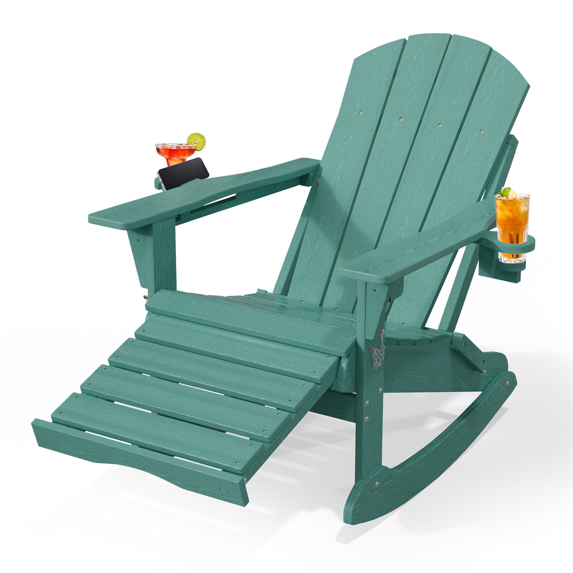 Easthome 4-in-1 Folding Adirondack Rocking Chair with Ottoman & Dual Cup Holders, Wood Texture HDPE All-Weather Outdoor Lounge Chair for Patio, Backyard, Pool