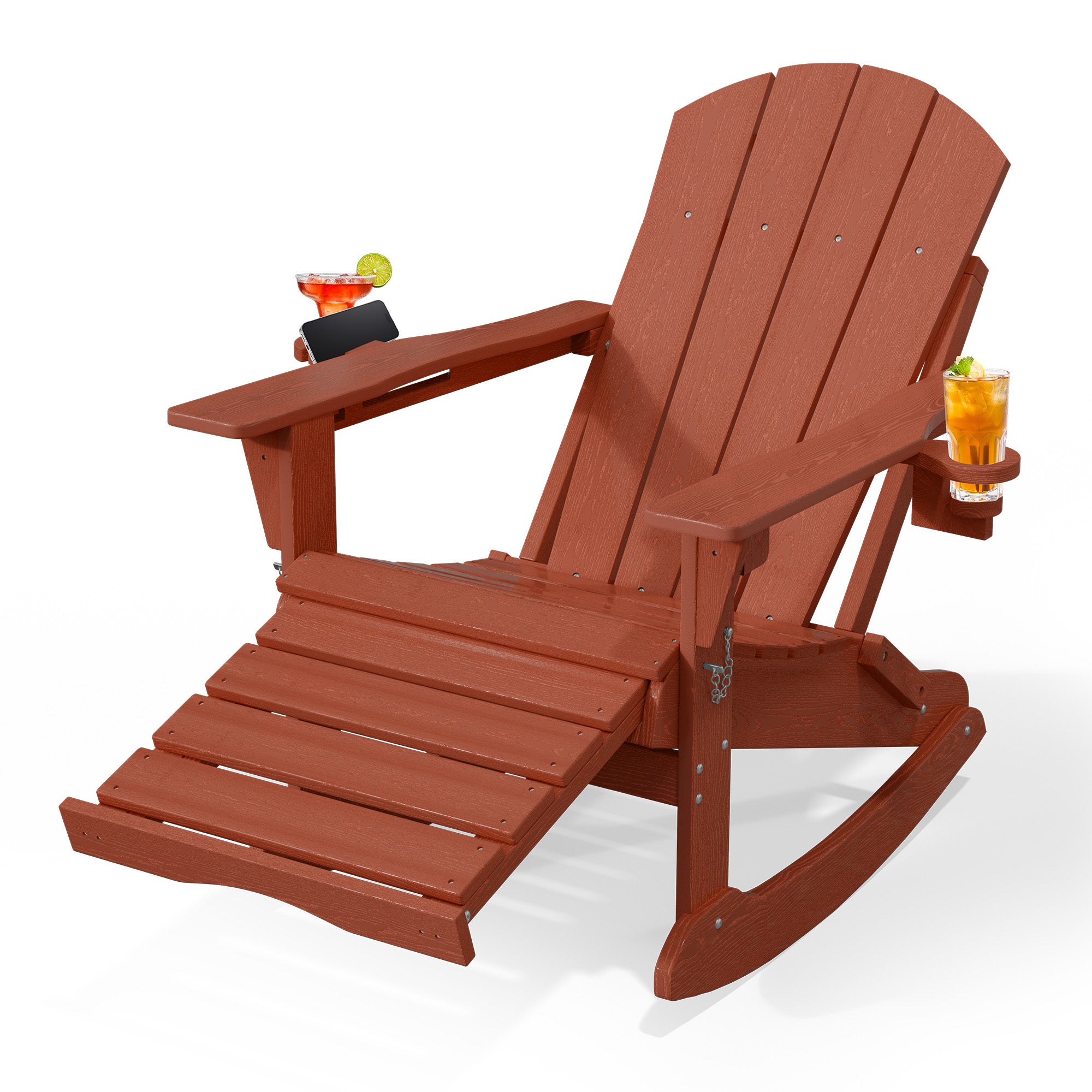 Easthome 4-in-1 Folding Adirondack Rocking Chair with Ottoman & Dual Cup Holders, Wood Texture HDPE All-Weather Outdoor Lounge Chair for Patio, Backyard, Pool