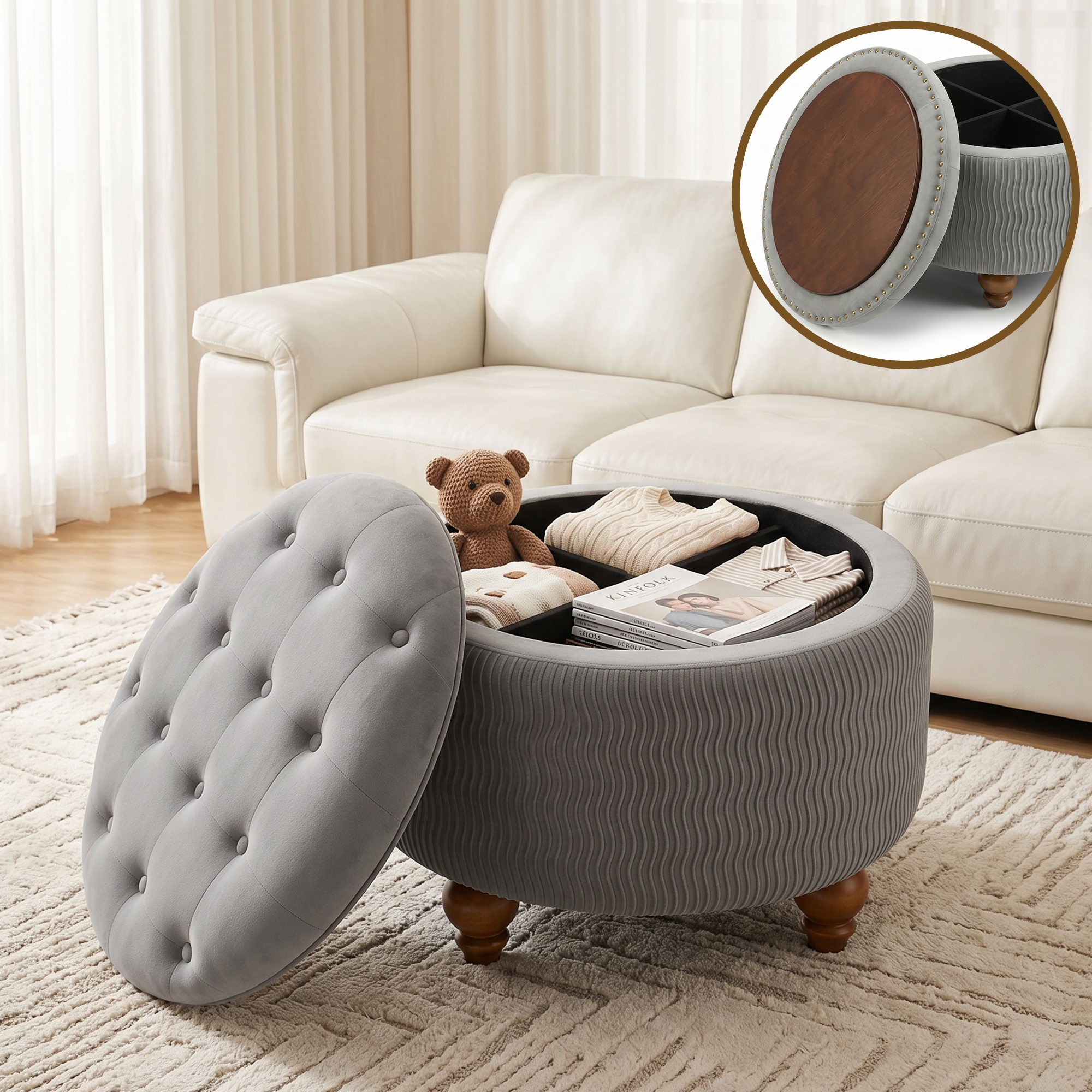 Easthome Round Storage Ottoman, Divided Compartment, Removable Top, Solid Wood Gourd-Shaped Legs, Button Tufted Multi-Function Footrest Bench for Living Room, Bedroom