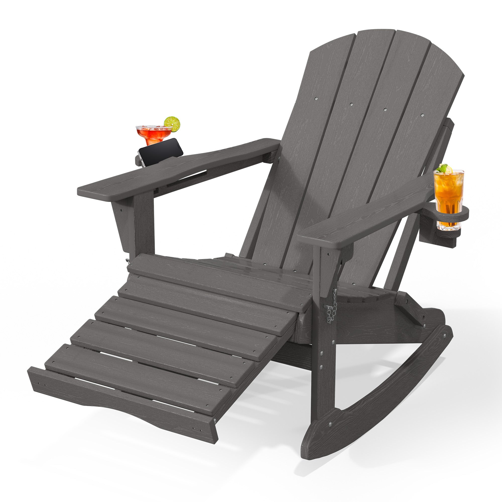 Easthome 4-in-1 Folding Adirondack Rocking Chair with Ottoman & Dual Cup Holders, Wood Texture HDPE All-Weather Outdoor Lounge Chair for Patio, Backyard, Pool