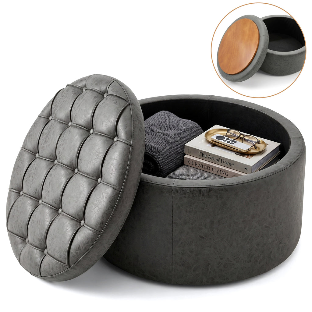 Easthome Multi-Function Round Storage Ottoman with Lockable Casters, Detachable Wood Tray Top, Button Tufted Foot Stool for Living Room Bedroom Study