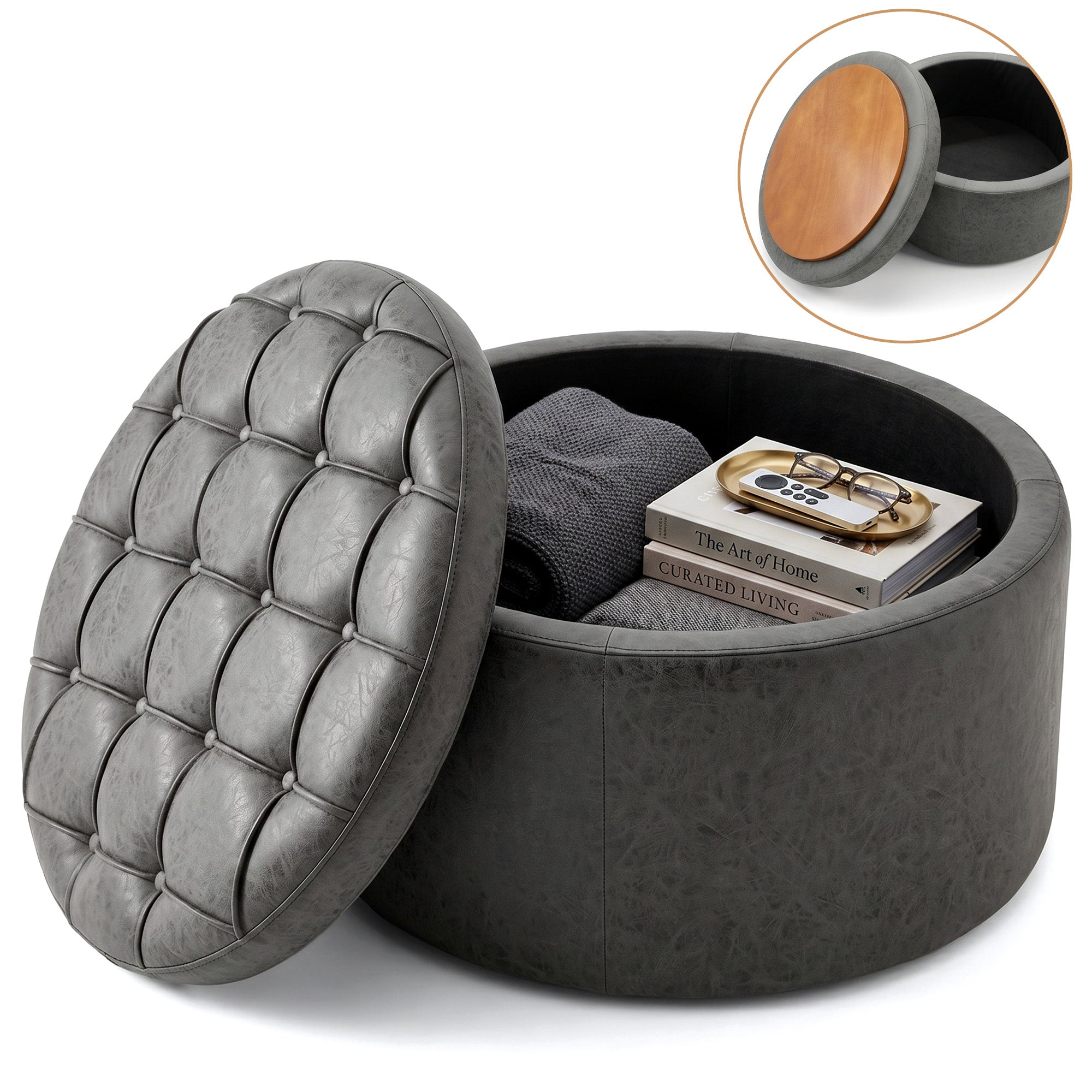 Easthome Multi-Function Round Storage Ottoman with Lockable Casters, Detachable Wood Tray Top, Button Tufted Foot Stool for Living Room Bedroom Study