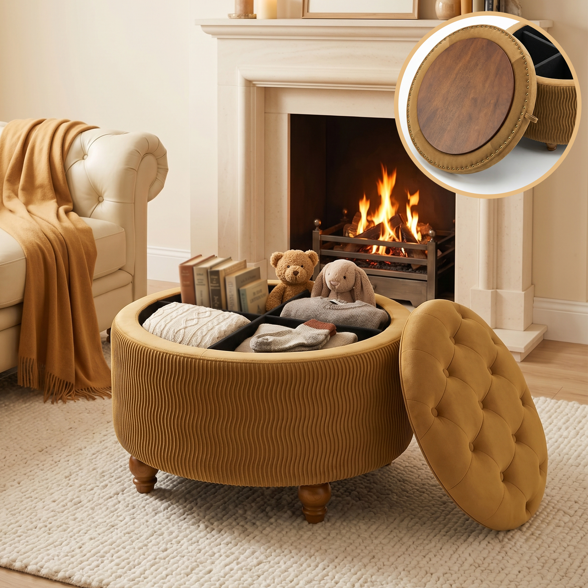 Easthome Round Storage Ottoman, Divided Compartment, Removable Top, Solid Wood Gourd-Shaped Legs, Button Tufted Multi-Function Footrest Bench for Living Room, Bedroom
