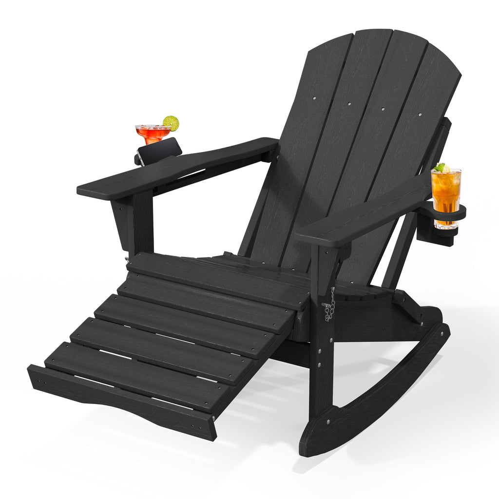 Easthome 4-in-1 Folding Adirondack Rocking Chair with Ottoman & Dual Cup Holders, Wood Texture HDPE All-Weather Outdoor Lounge Chair for Patio, Backyard, Pool