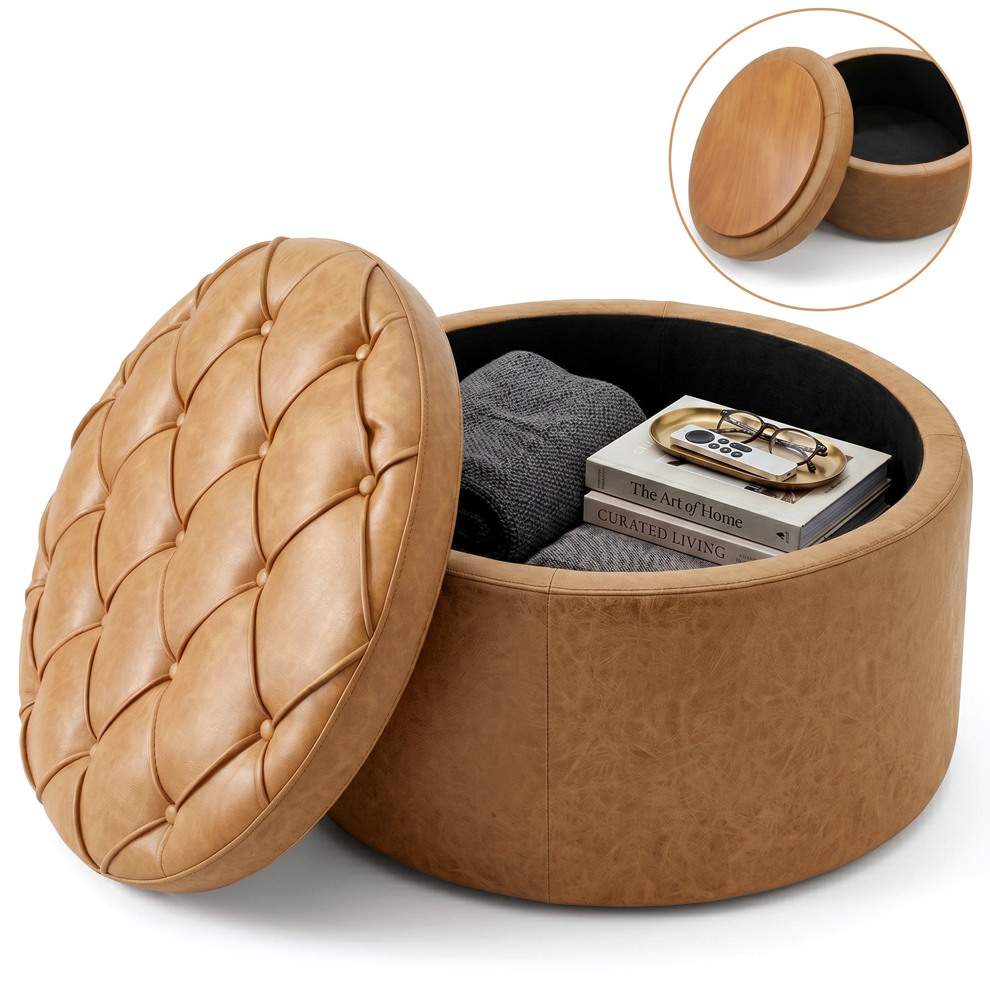 Easthome Multi-Function Round Storage Ottoman with Lockable Casters, Detachable Wood Tray Top, Button Tufted Foot Stool for Living Room Bedroom Study