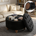 Easthome Round Storage Ottoman, Divided Compartment, Removable Top, Solid Wood Gourd-Shaped Legs, Button Tufted Multi-Function Footrest Bench for Living Room, Bedroom
