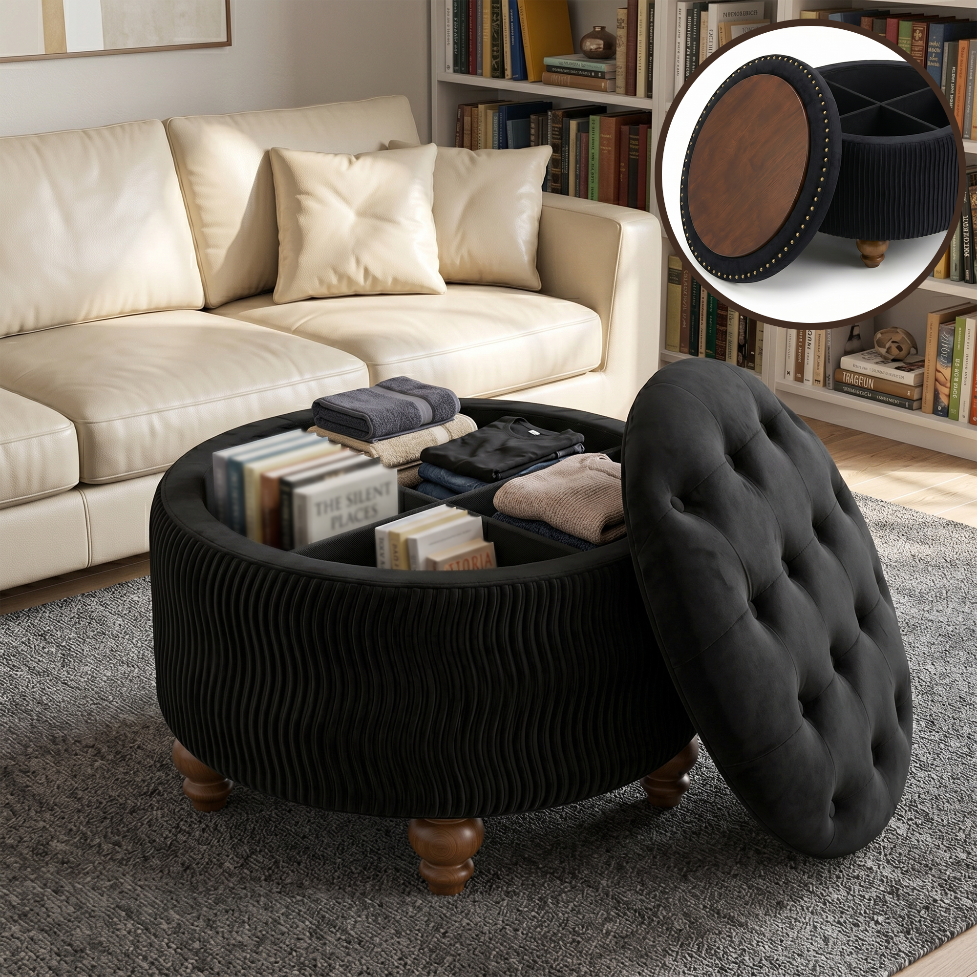 Easthome Round Storage Ottoman, Divided Compartment, Removable Top, Solid Wood Gourd-Shaped Legs, Button Tufted Multi-Function Footrest Bench for Living Room, Bedroom