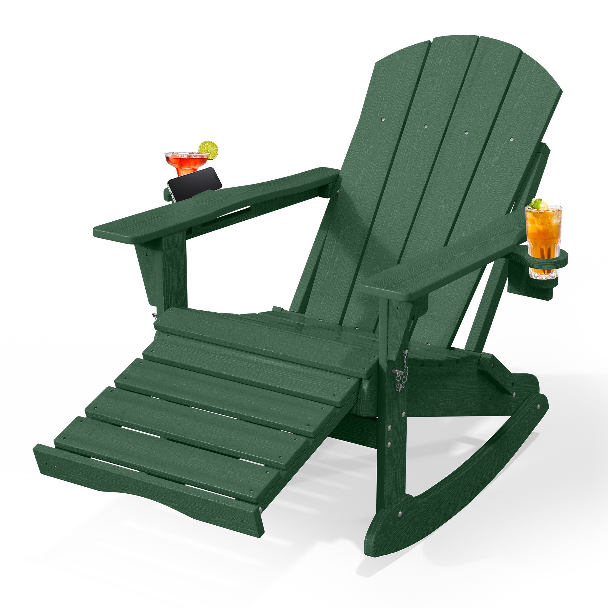 Easthome 4-in-1 Folding Adirondack Rocking Chair with Ottoman & Dual Cup Holders, Wood Texture HDPE All-Weather Outdoor Lounge Chair for Patio, Backyard, Pool
