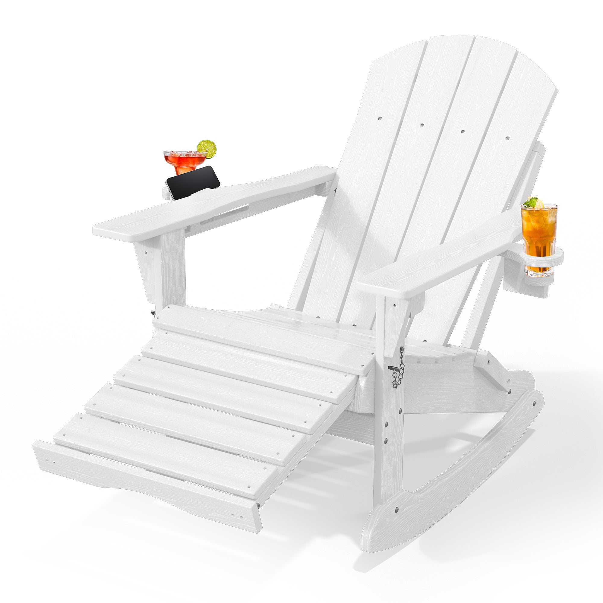 Easthome 4-in-1 Folding Adirondack Rocking Chair with Ottoman & Dual Cup Holders, Wood Texture HDPE All-Weather Outdoor Lounge Chair for Patio, Backyard, Pool