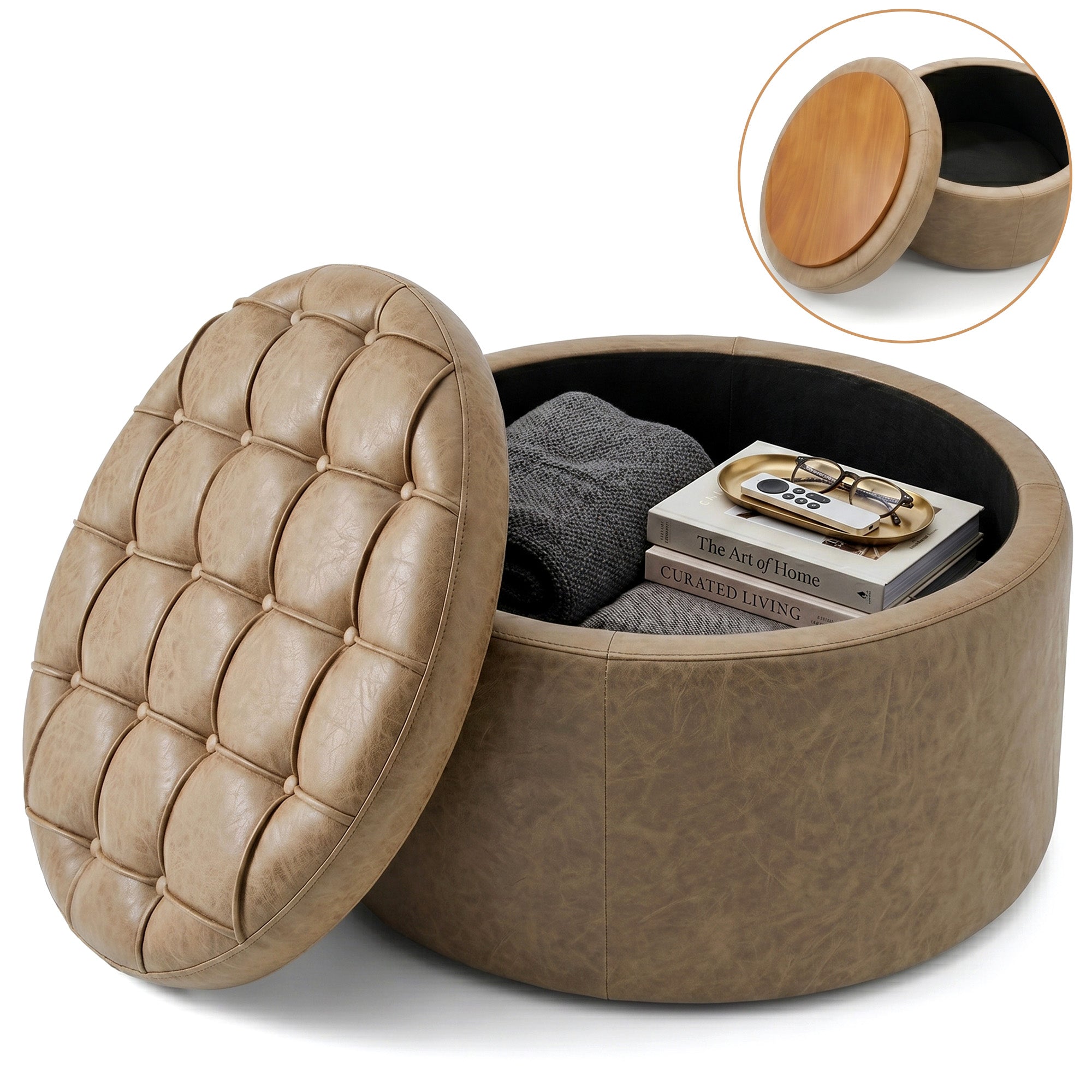 Easthome Multi-Function Round Storage Ottoman with Lockable Casters, Detachable Wood Tray Top, Button Tufted Foot Stool for Living Room Bedroom Study