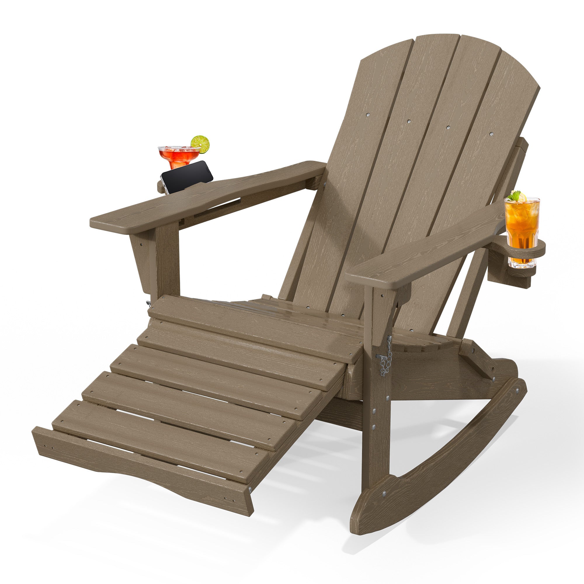 Easthome 4-in-1 Folding Adirondack Rocking Chair with Ottoman & Dual Cup Holders, Wood Texture HDPE All-Weather Outdoor Lounge Chair for Patio, Backyard, Pool