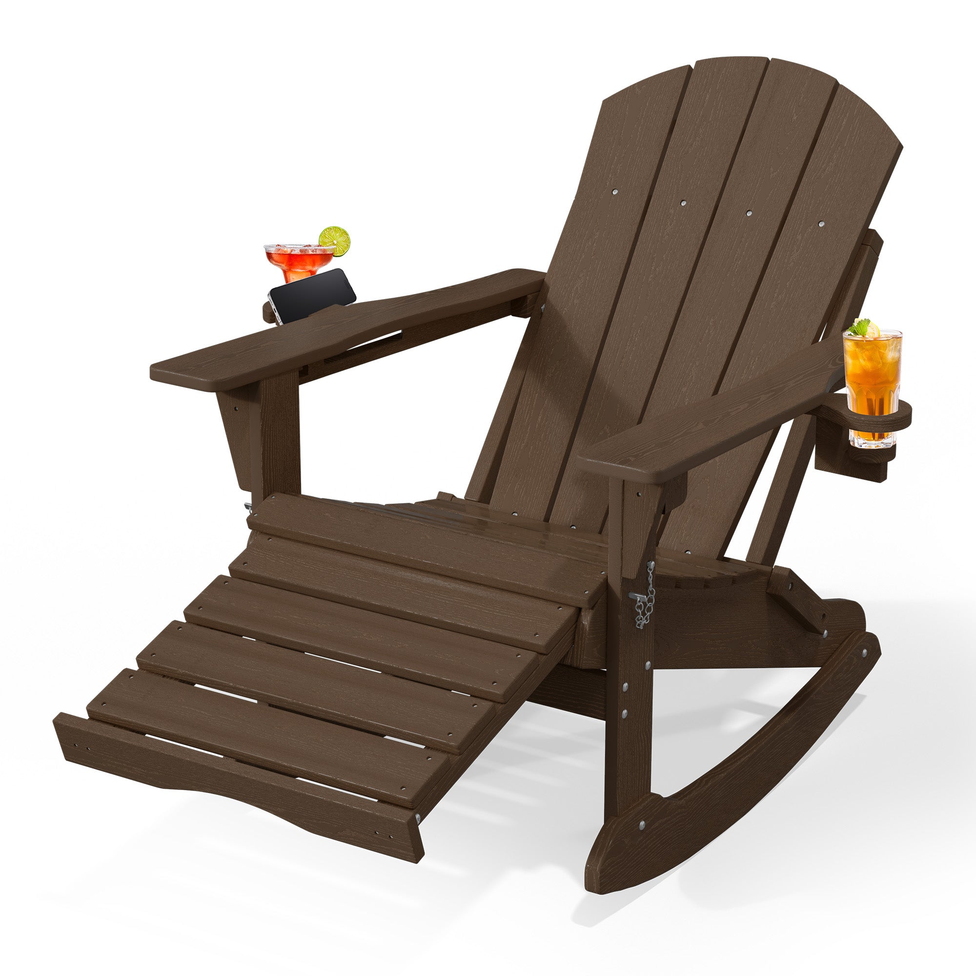 Easthome 4-in-1 Folding Adirondack Rocking Chair with Ottoman & Dual Cup Holders, Wood Texture HDPE All-Weather Outdoor Lounge Chair for Patio, Backyard, Pool