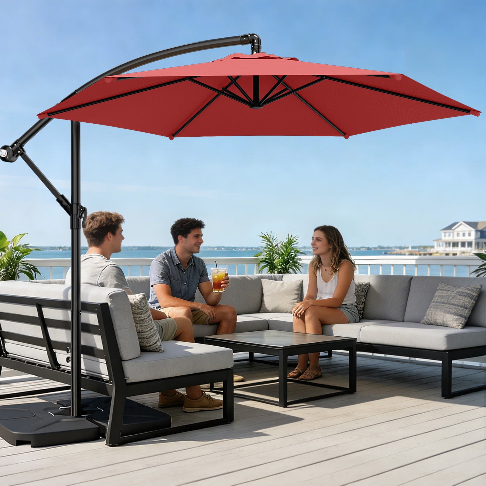 Easthome 10ft Offset Hanging Market Patio Umbrella for Backyard, Poolside, Lawn and Garden w/Easy Tilt Adjustment, Polyester Shade, 6 Ribs