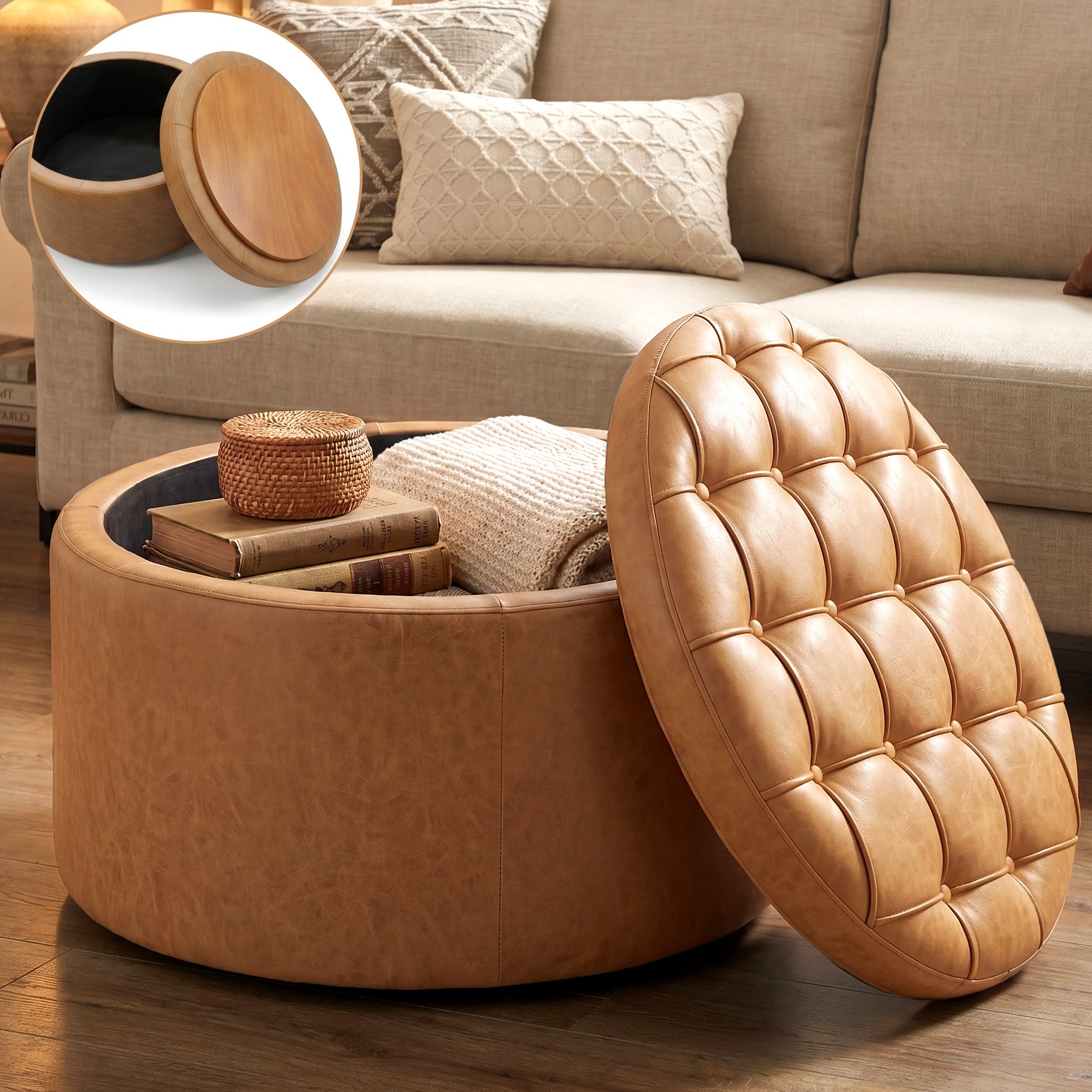 Easthome Multi-Function Round Storage Ottoman with Lockable Casters, Detachable Wood Tray Top, Button Tufted Foot Stool for Living Room Bedroom Study