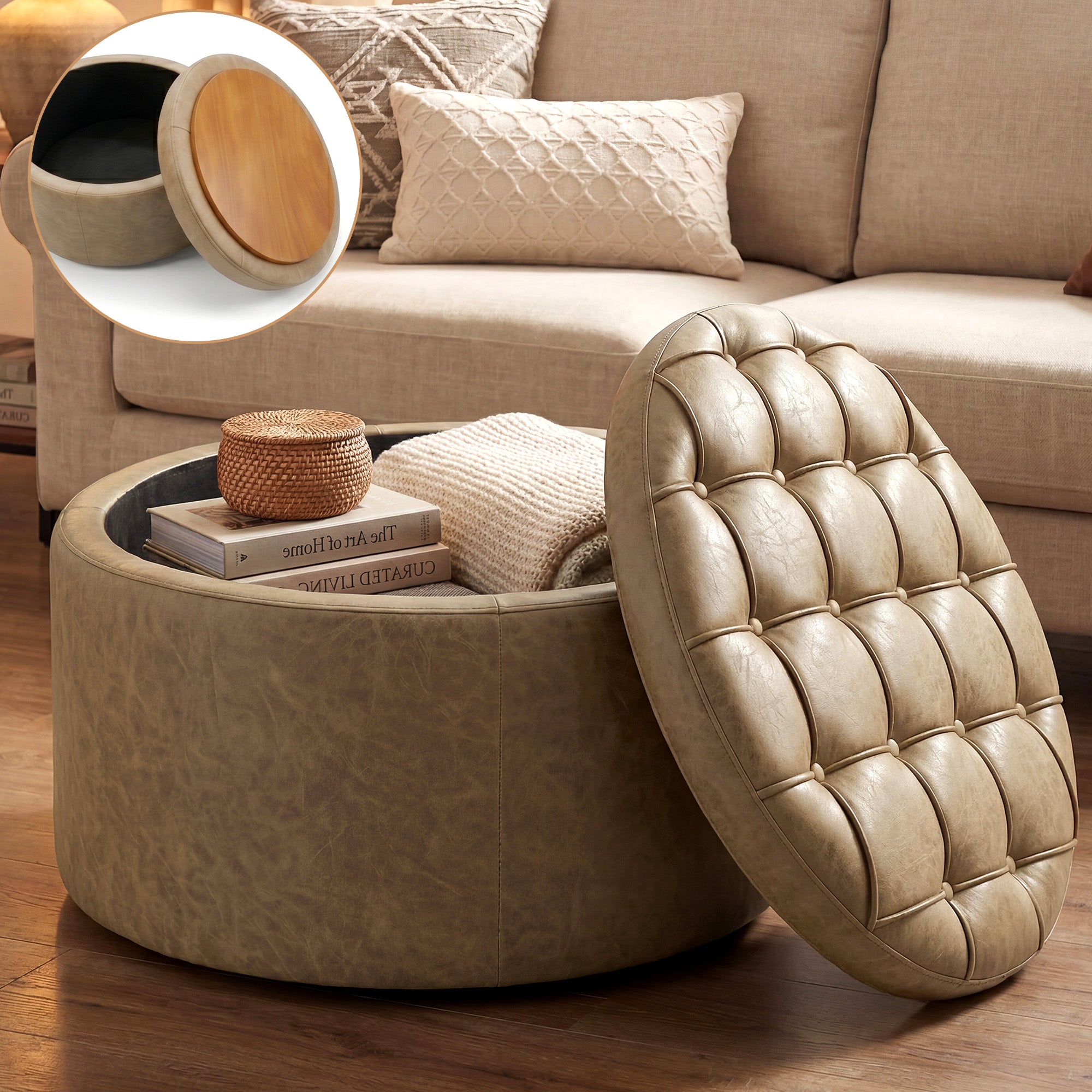 Easthome Multi-Function Round Storage Ottoman with Lockable Casters, Detachable Wood Tray Top, Button Tufted Foot Stool for Living Room Bedroom Study