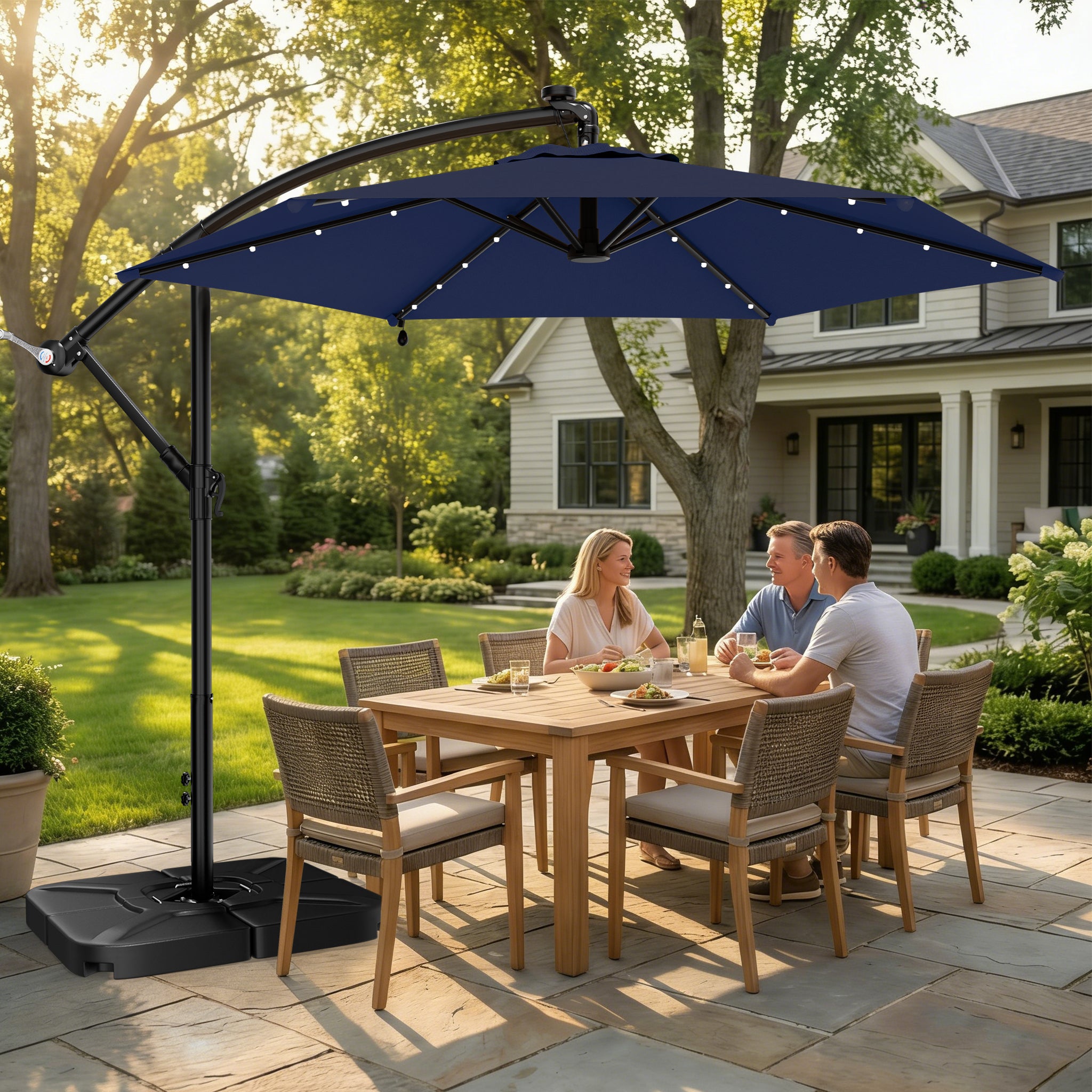 Easthome 10ft Solar LED Offset Hanging Market Patio Umbrella for Backyard, Poolside, Lawn and Garden w/Easy Tilt Adjustment, Polyester Shade, 6 Ribs