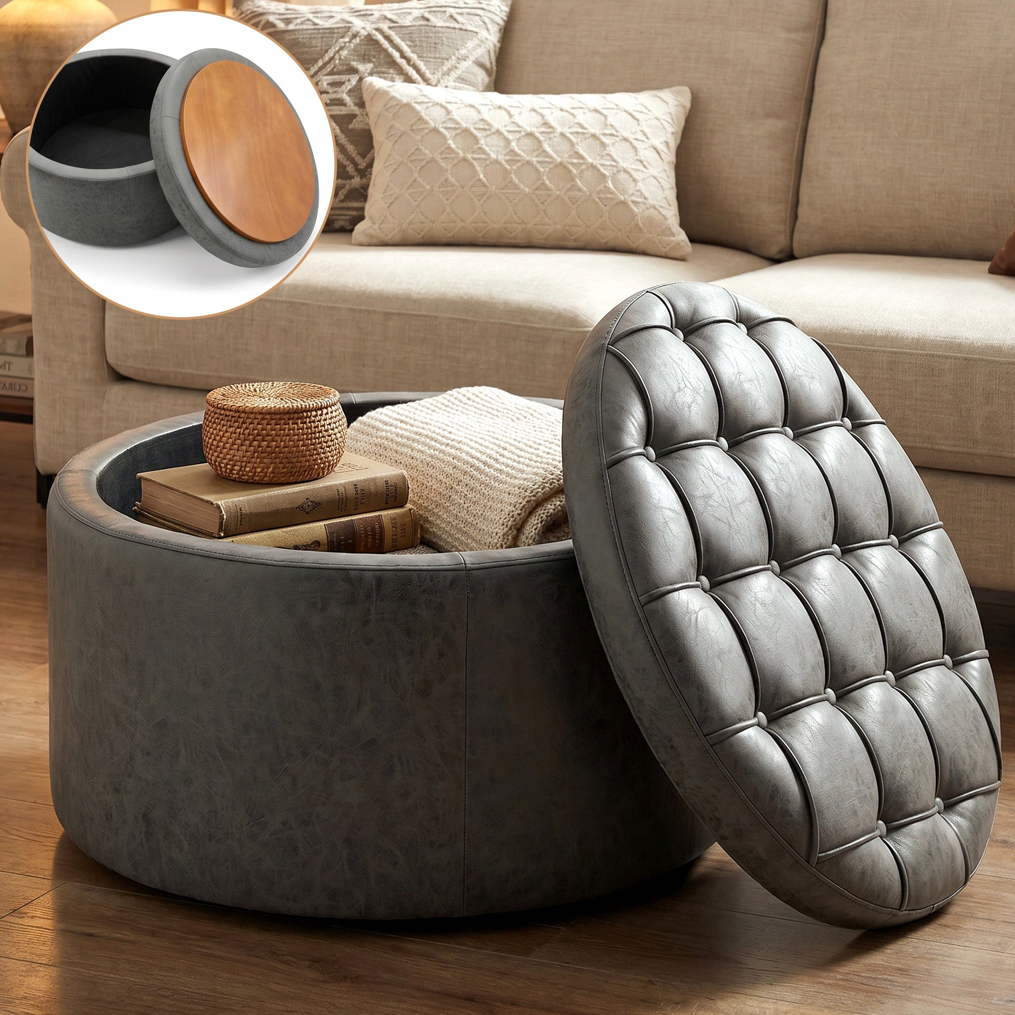 Easthome Multi-Function Round Storage Ottoman with Lockable Casters, Detachable Wood Tray Top, Button Tufted Foot Stool for Living Room Bedroom Study