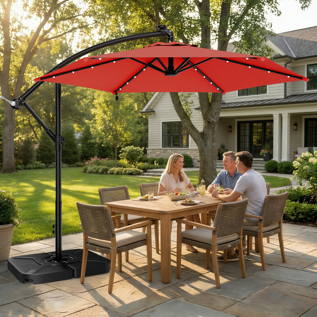 Easthome 10ft Solar LED Offset Hanging Market Patio Umbrella for Backyard, Poolside, Lawn and Garden w/Easy Tilt Adjustment, Polyester Shade, 6 Ribs